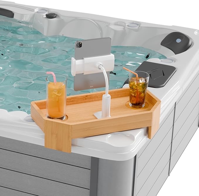 bamboo hot tub tray with adjustable phone holder, non slip hot tub table with card & scented candle, hot tub accessories - unique gift idea for spa lovers