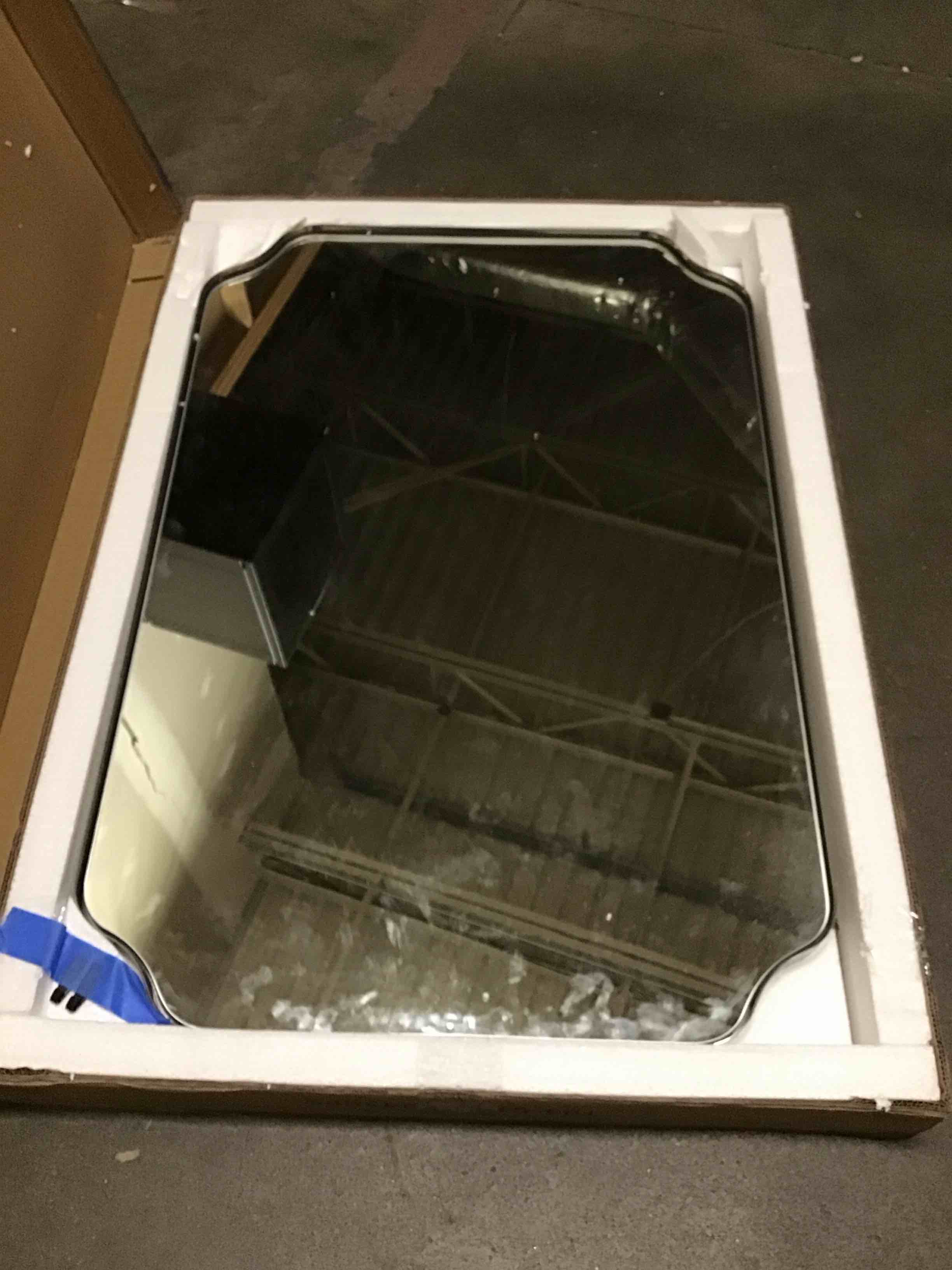 Condition photo showing As Is for andy star chrome bathroom mirror, 24x36 inch polished chrome rectangle mirror, scalloped bathroom mirror with stainless steel metal frame, thin frame deep 1’’ chrome 36"l x 24"w