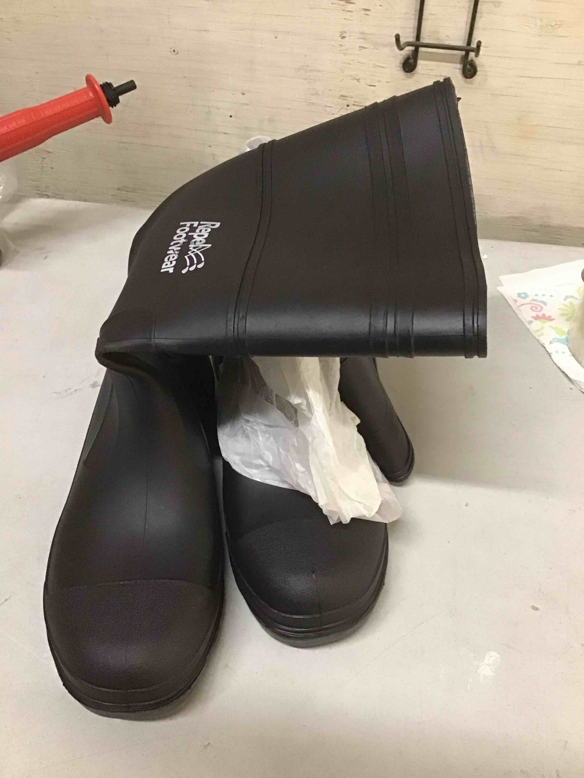Condition photo showing New/Like New for galeton 11578-7 repel footwear economy 15" pvc waterproof boots with plain toe with no-slip treads, men's size 14, black