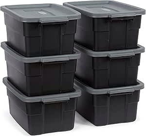 rubbermaid roughneck tote 3 gallon stackable storage container with cool gray stay tight lid and easy carry handles, black, 6 pack