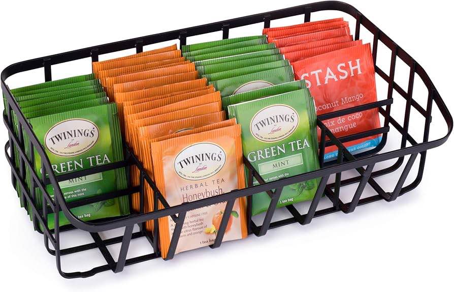 tea bag organizer caddy - metal tea box storage holder for cups, pods, packets, condiment accessories - black