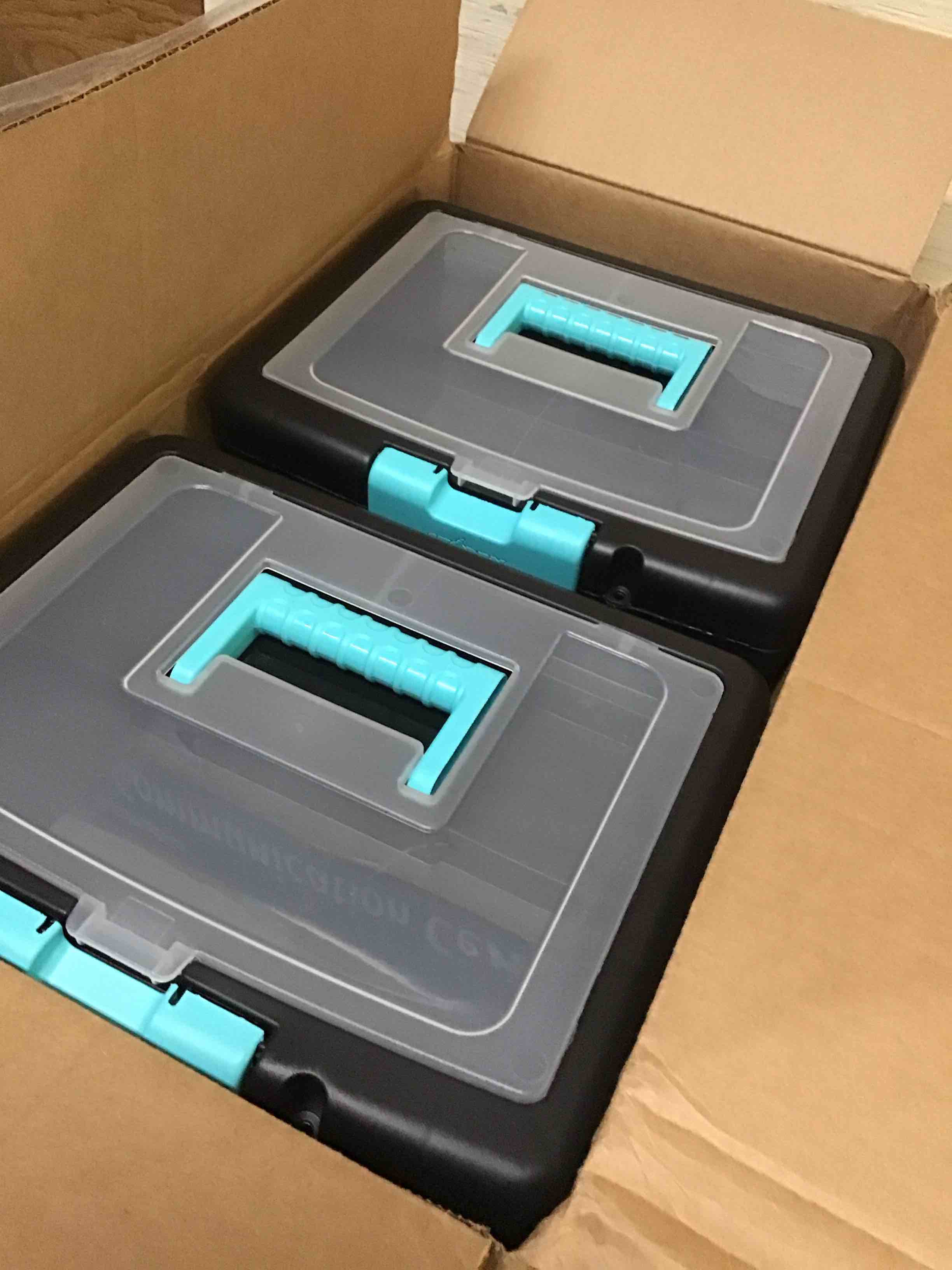 Condition photo showing Good Condition for storex portable file box, with lockable supply storage lid and carry handle, black/teal, 2-pack (