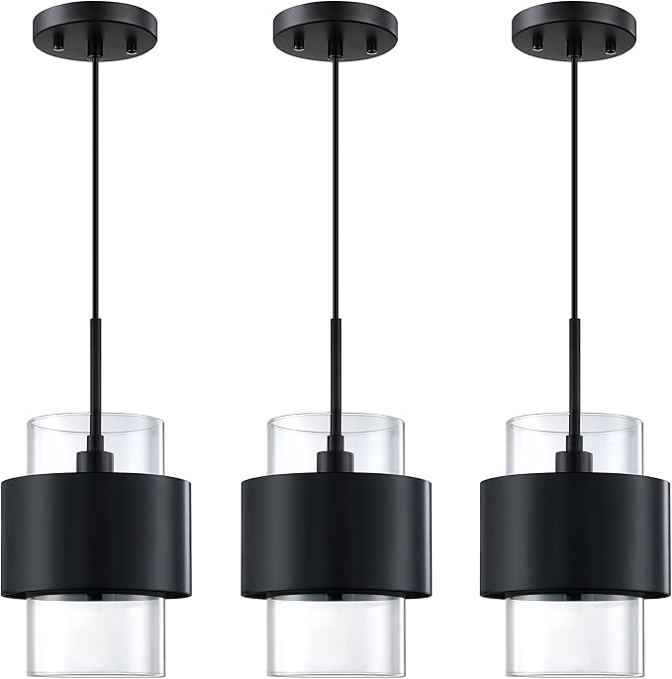 3 pack 1 light hanging indoor kitchen island drum clear glass shade pendant ceiling light fixtures,black finish modern farmhouse dinning over sink