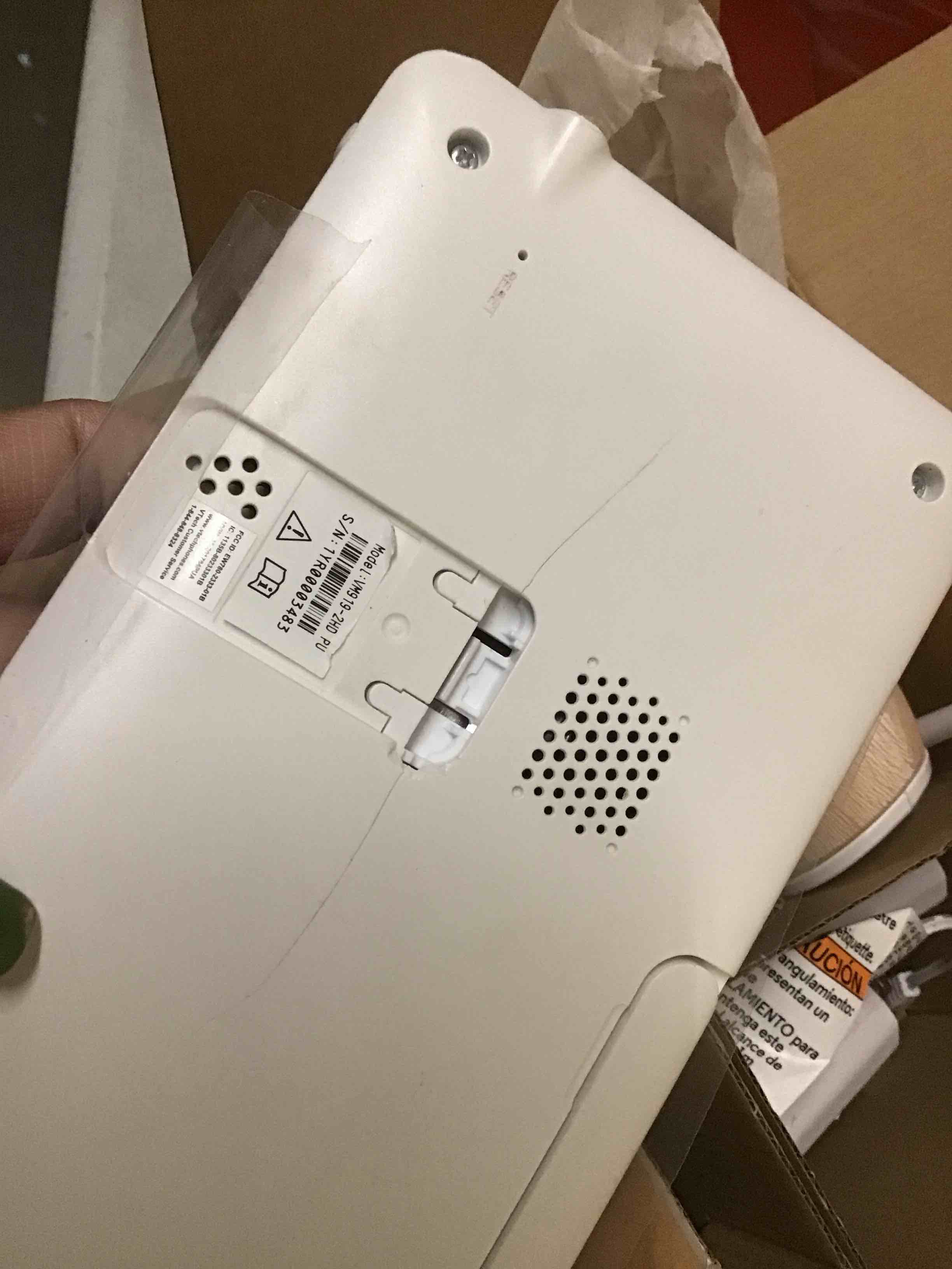 Condition photo showing As Is for ( with monitor crack ) vtech vm919-2hd baby monitor, 7" 720p screen, 2 cameras, 360 panoramic viewing, 110 wide-angle view, night vision, up to 1000ft range, secured transmission no wifi wood-7" p&t+2 cam