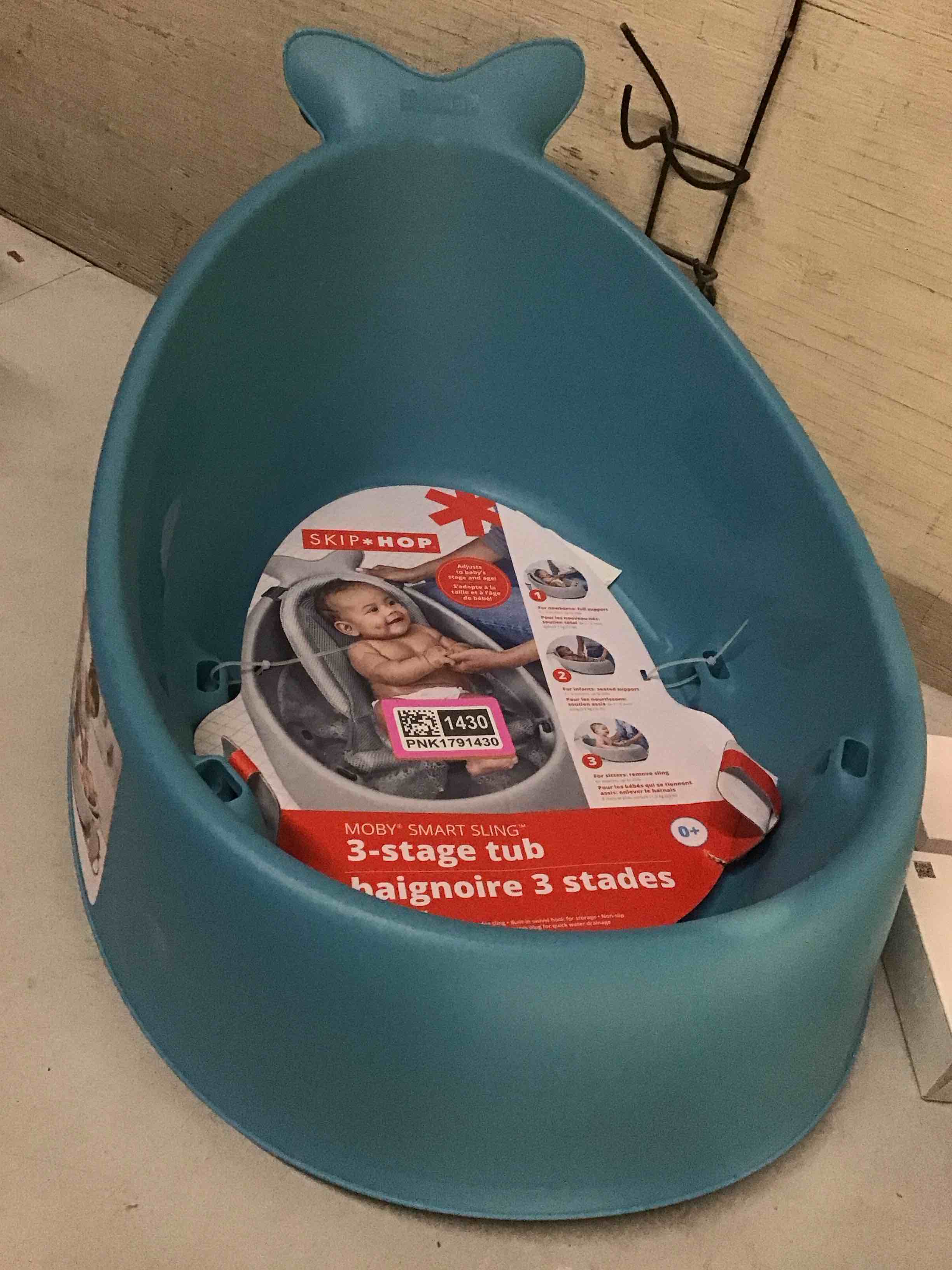 Condition photo showing As Is for ( incomplete missing sling ) skip hop infant bath tub 3-stage grow with baby smart sling moby bathtub blue age 0+ blue tub