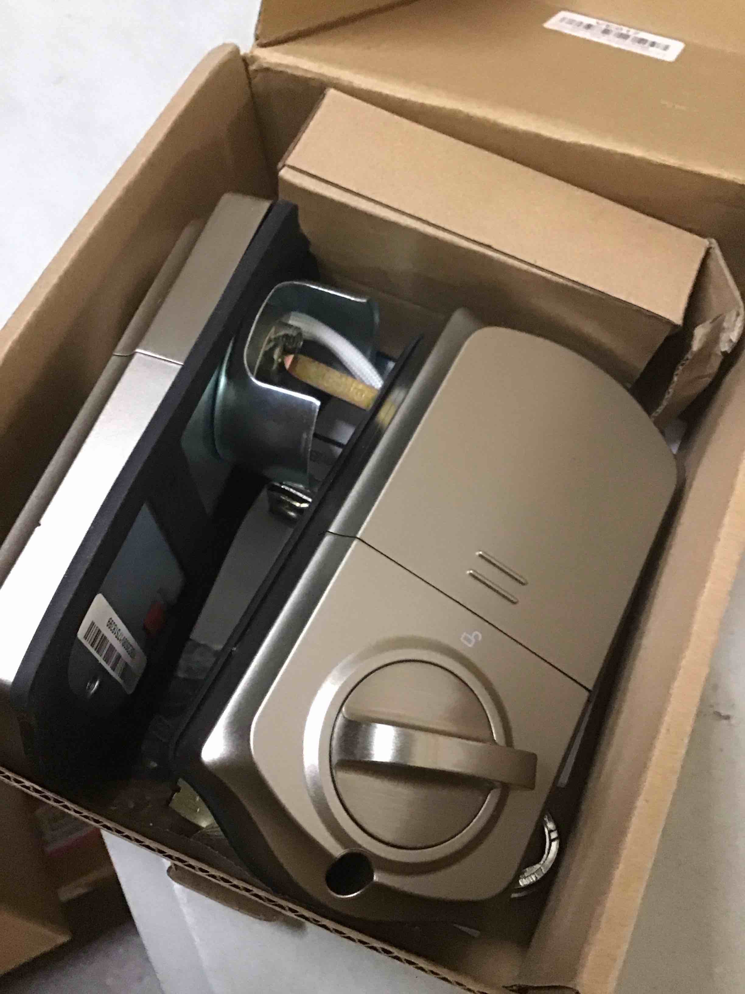 Condition photo showing As Is for veise ve017 fingerprint smart door lock, app control, 8-in-1 keyless entry, auto lock, emergency power port, electronic touchscreen keypad, biometric smart locks for front door, satin nickel