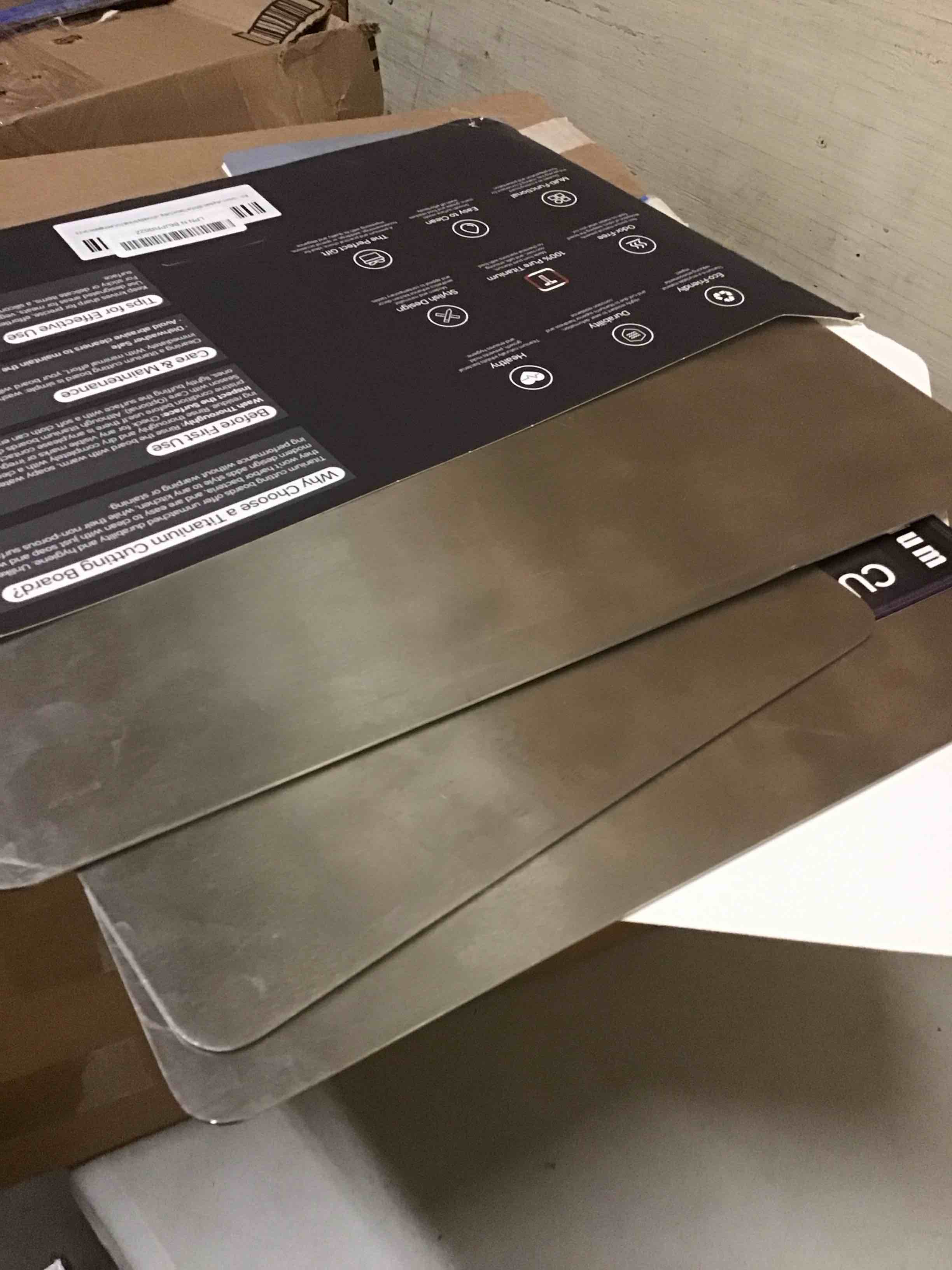 Condition photo showing As Is for titanium cutting board, 100% pure titanium cutting boards for kitchen, best non toxic chopping board, dishwasher safe, hygiene and durability for meat, fruit, and vegetables (set of 3)