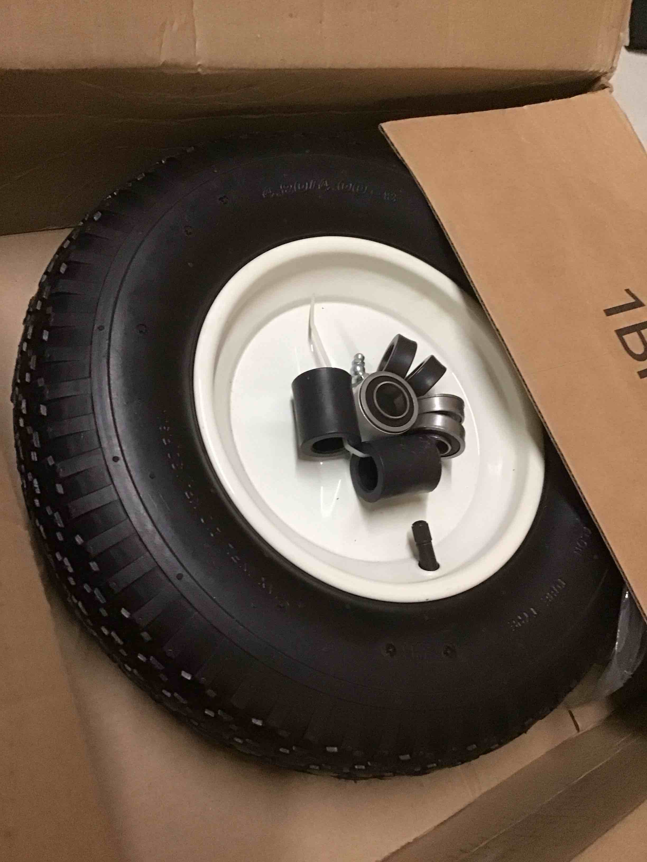 Condition photo showing New/Like New for 4.80/4.00-8" wheelbarrow tubed tire and wheel, 16" universal fit pneumatic tire with 3/4" or 5/8" bearing, 3"-7" hub, adapter kit hand truck wheel replacement for garden trailer, wagons, 1 pcs