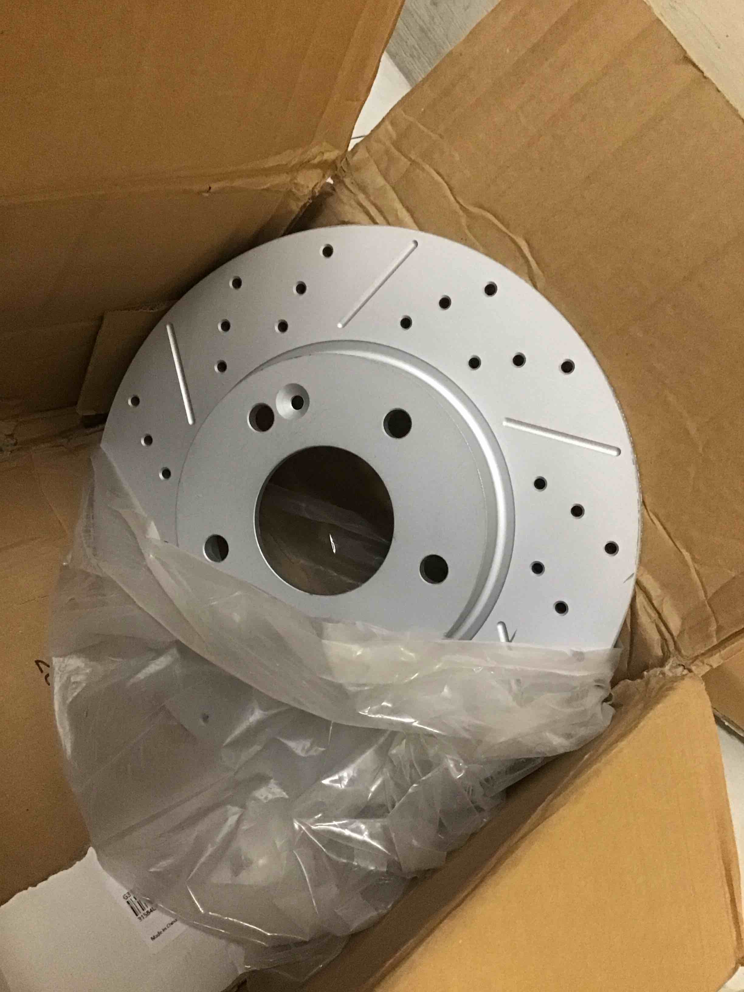 Condition photo showing As Is for ( incomplete ) front and rear disc brakes and rotors, drilled slotted brake rotors kit, fit for hyundai elantra coupe gt kona veloste venue, kia forte koup forte5 seltos soul
