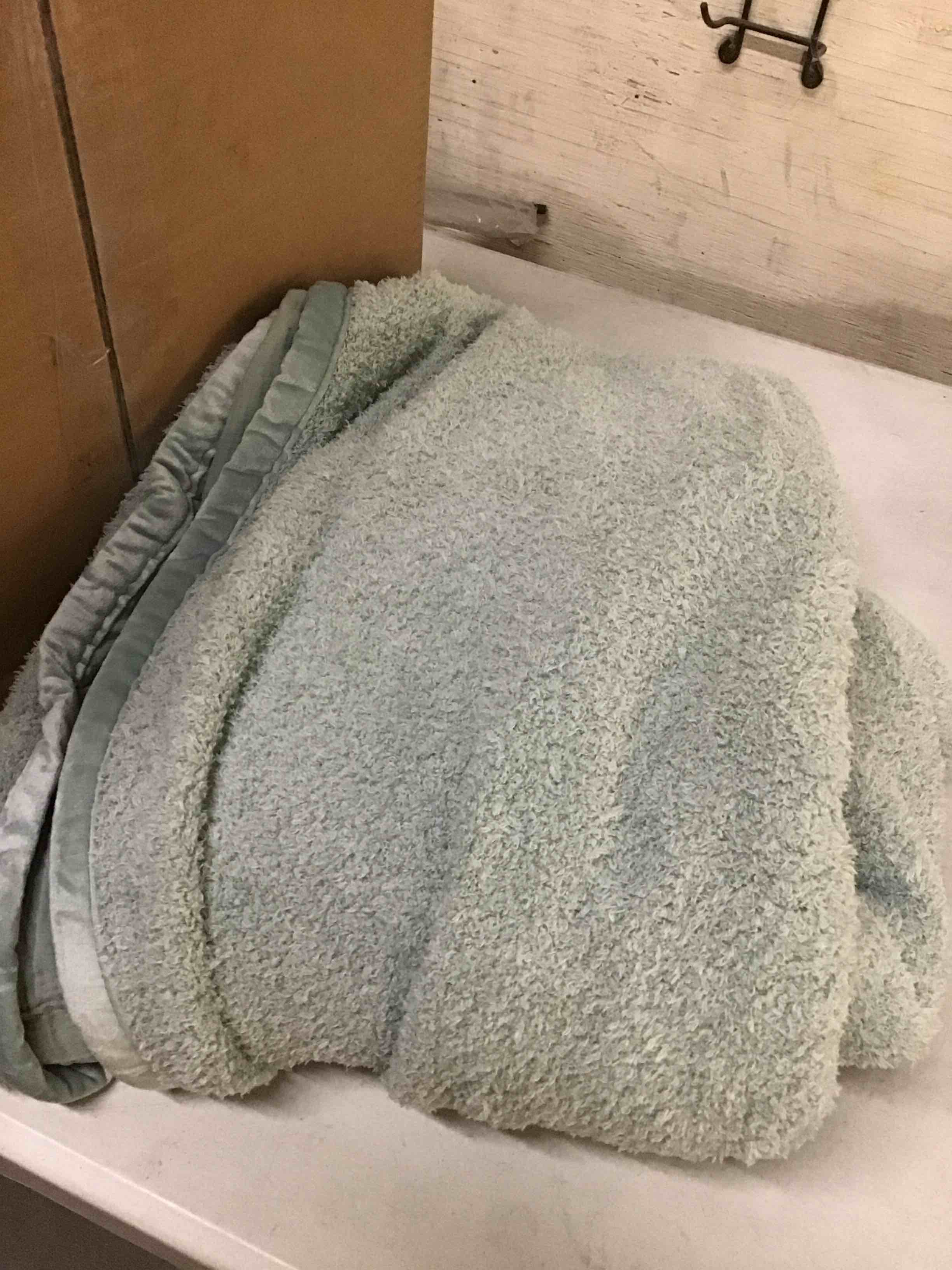 Condition photo showing As Is for better homes & gardens gauze reverse to cozy knit throw blanket green river, 50"x72" 50in x 72in