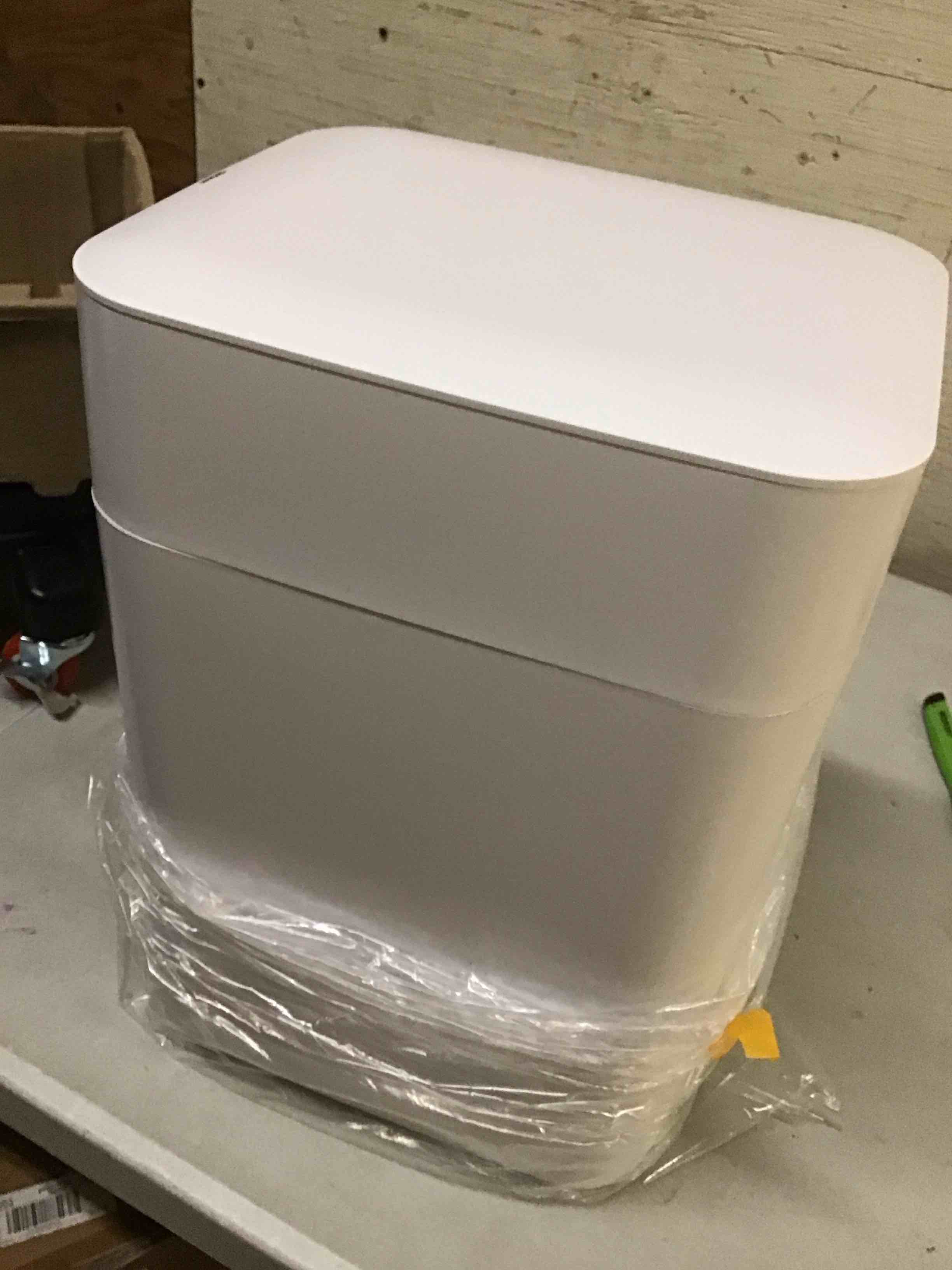 Condition photo showing As Is for airdeer automatic trash can, 4 gallon self sealing and self-changing smart trash can, motion sensor, touchless garbage can with lid for kitchen bathroom bedroom office, 6 refill rings(a1, white) 4.0 gallon-white line