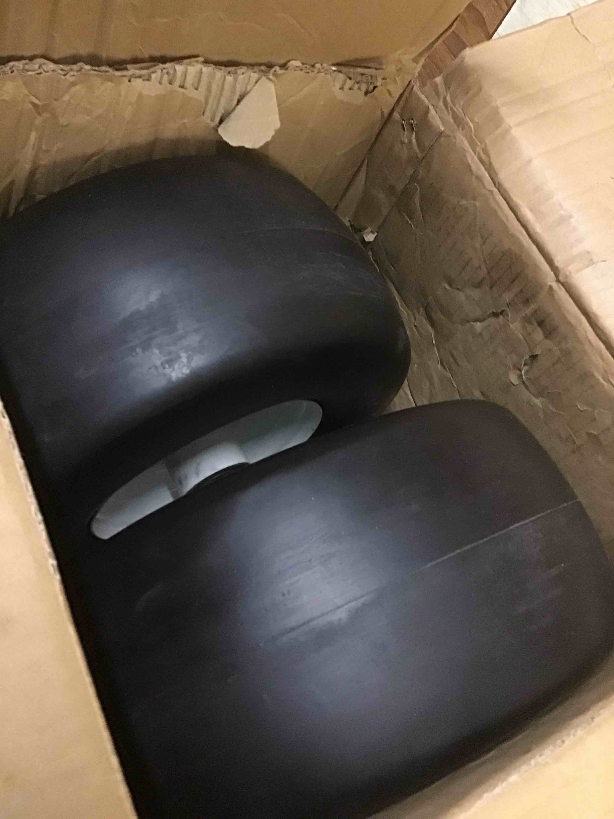 Condition photo showing As Is for 13x6.50-6 flat free lawn mower tires and wheels 3/4" 5/8" 1/2" ball bearings, 13x6.5x6 zero turn mower front tires, smooth tires for commercial grade lawn 5.5"-7.5" adjustable centered hub 13x6.50-6 - 2p ( flat free ) white