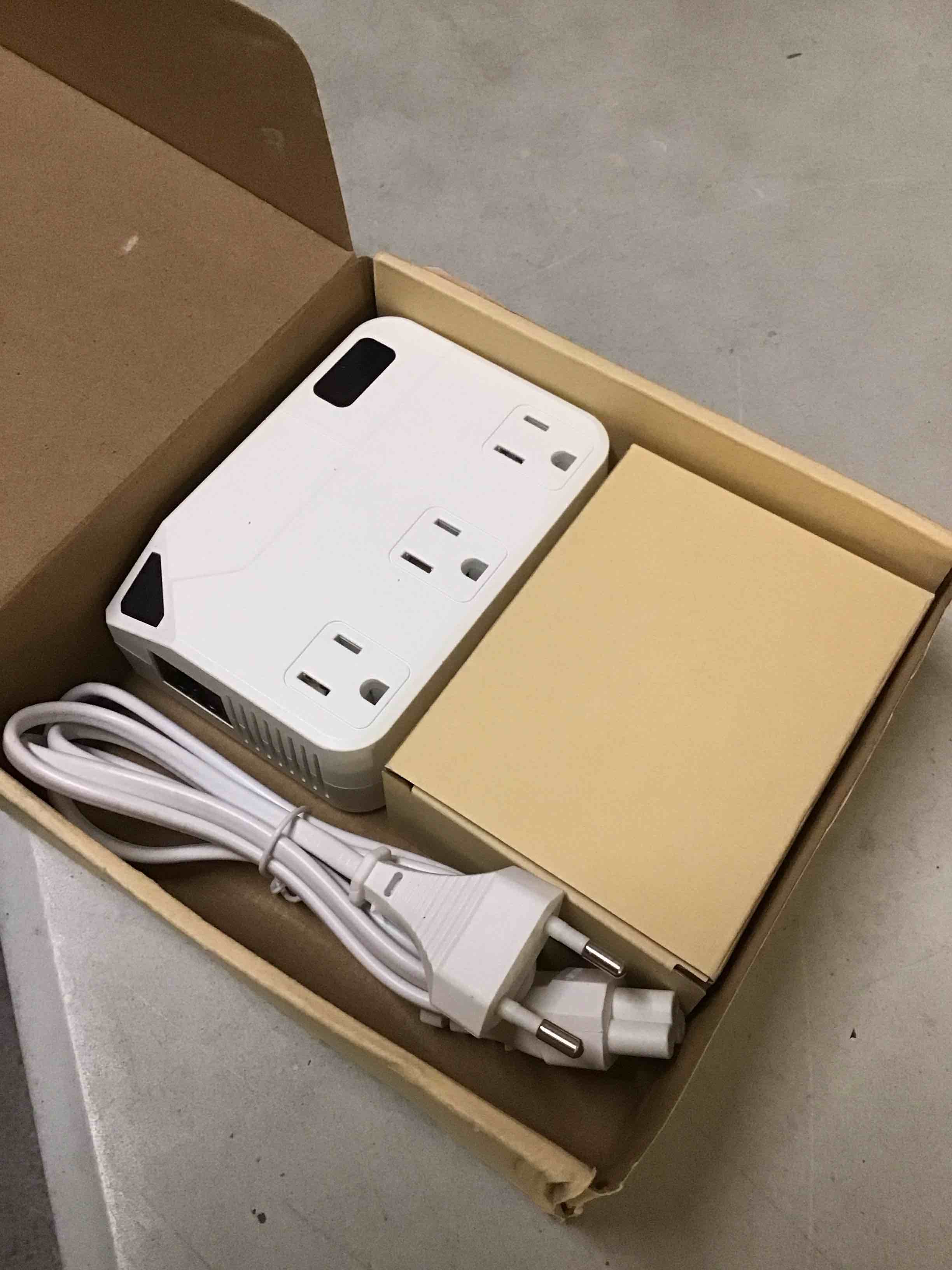 Condition photo showing As Is for 250w conversion plug, international travel converter with 2 usb and 2 usb-c ports, lowering 220v to 110v for 100v-240v areas and different countries plugs using us electrical devices white