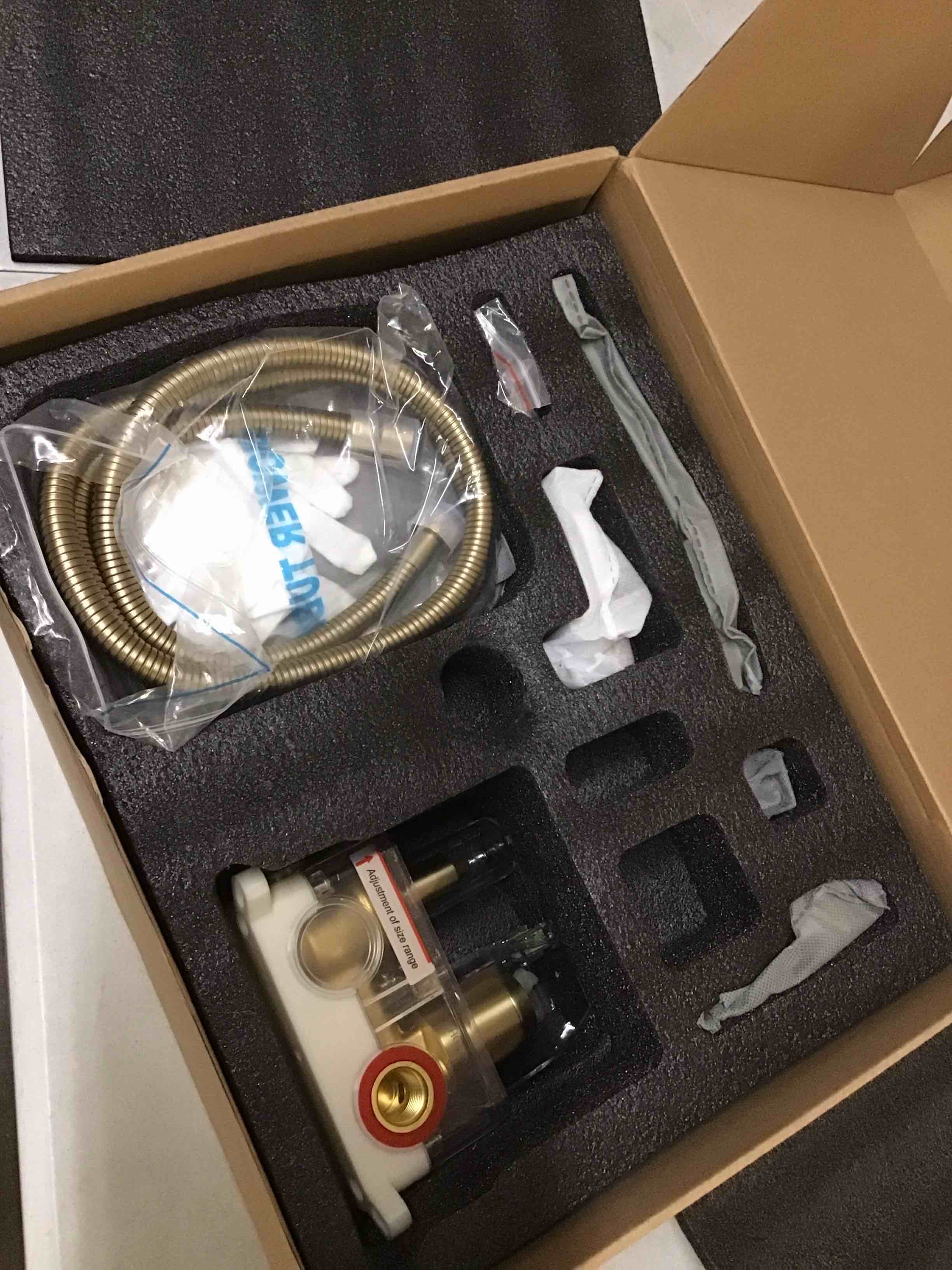 Condition photo showing As Is for (incomplete) wall mounted shower faucet set, shower system with tub spout, 12 inch rainfall shower head with handheld spray, waterfall tub spout bathtub faucet, brushed gold 12"-with tub spout brushed gold