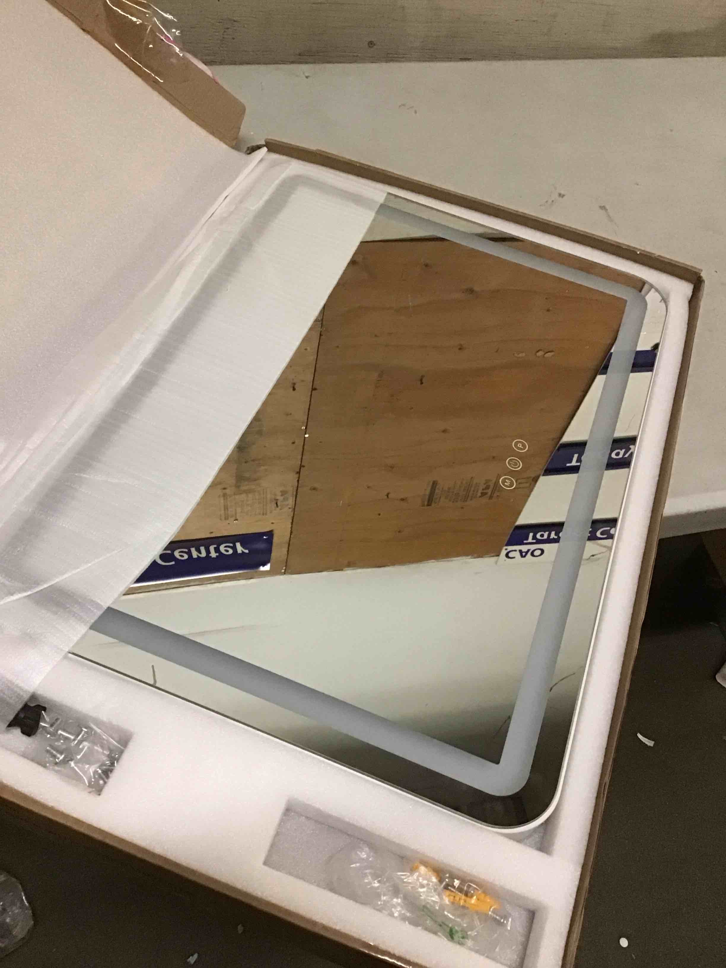 Condition photo showing As Is for (incomplete missing power cord) 23" x 18" vanity mirror with lights, led lighted makeup mirror with 3 color dimmable lights, touch control, usb charging port, gifts for women wife teengirls white 23"l x 18"w