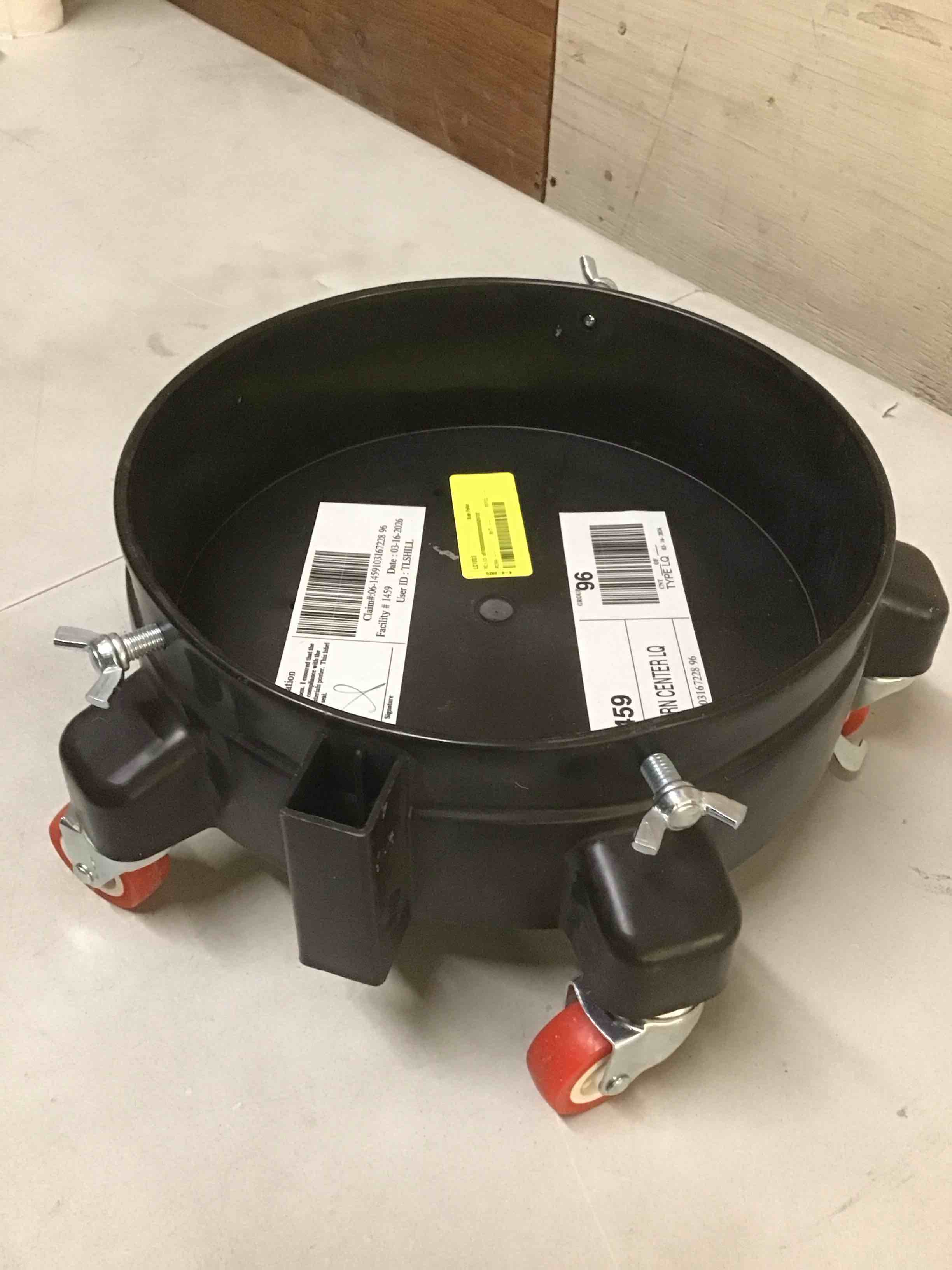 Condition photo showing As Is for ( incomplete) with one wheels broken) 2 pcs 5 gallon bucket dolly with 5 swivel wheel casters 11.42'' car wash bucket dolly round plastic dollies for car washing garage construction flowerpot(black)