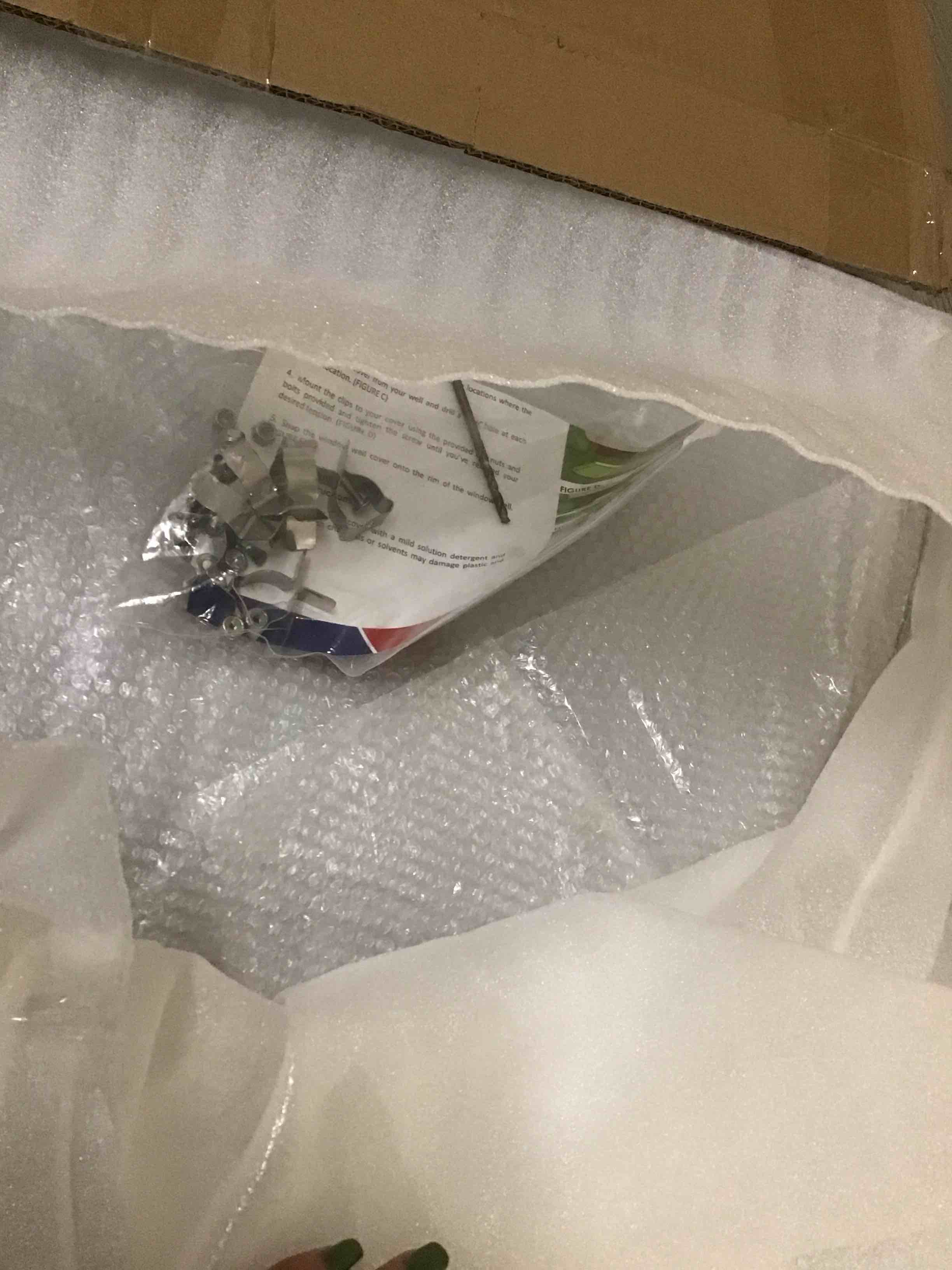 Condition photo showing Good Condition for basement window well covers outside, heavy-duty egress window well cover clear, all-weather against debris, uv resistant, tear-resistant, waterproof, windproof (only cover)40" x 16" 40*16