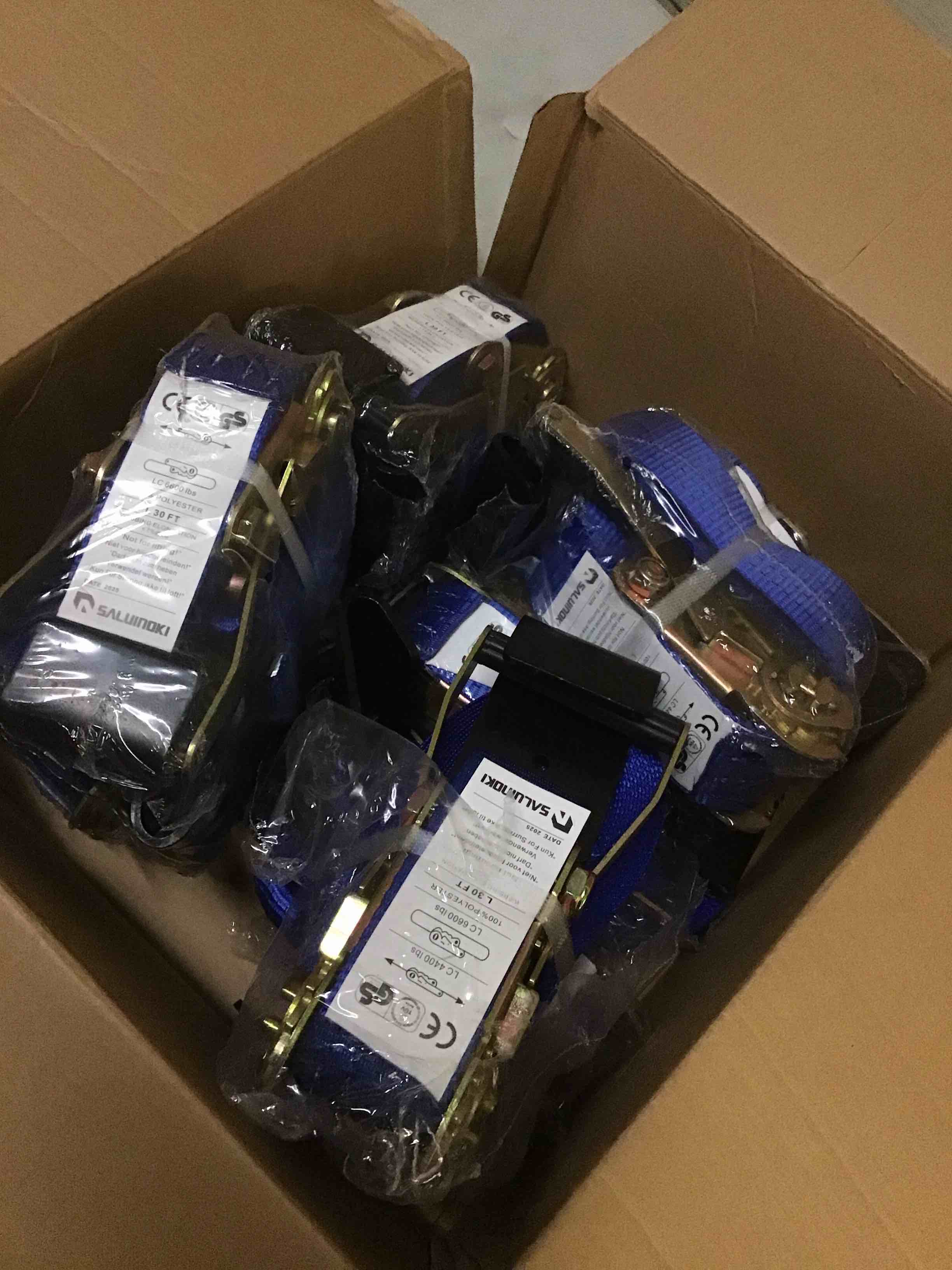 Condition photo showing New/Like New for 8pack 2 inch ratchet straps heavy duty 30ft flat hook blue flatbed straps equipment tie down ratcheting 6600lbs working load, 10000lbs break srength 8-30ft blue