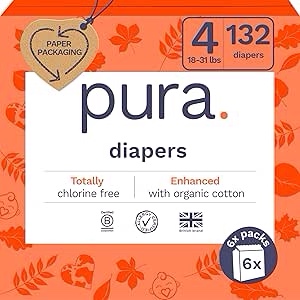 ( incomplete) ( one bag is open ) pura sensitive skin baby diapers | size 4 (18-31 lbs) | hypoallergenic, totally chlorine free, fragrance free, up to 12-hour leak protection | 6 packs of 22 (132 diapers)