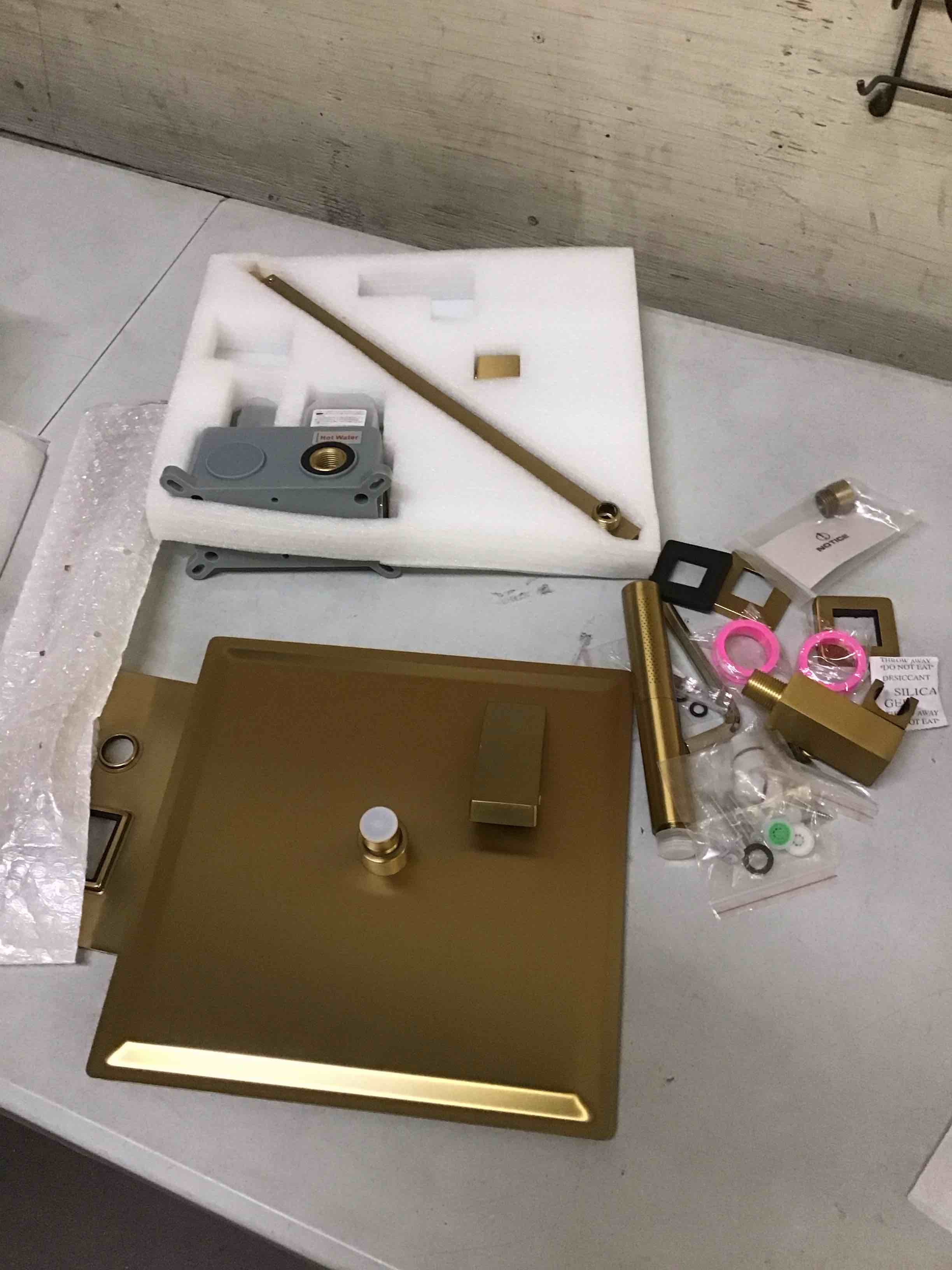 Condition photo showing As Is for ( similar products) ( incomplete missing some parts ) shower system with rainfall shower head and handheld wall mount,high pressure shower faucet set fixture combo with 2 in 1 handheld spray rough-in valve, shower head brushed gold