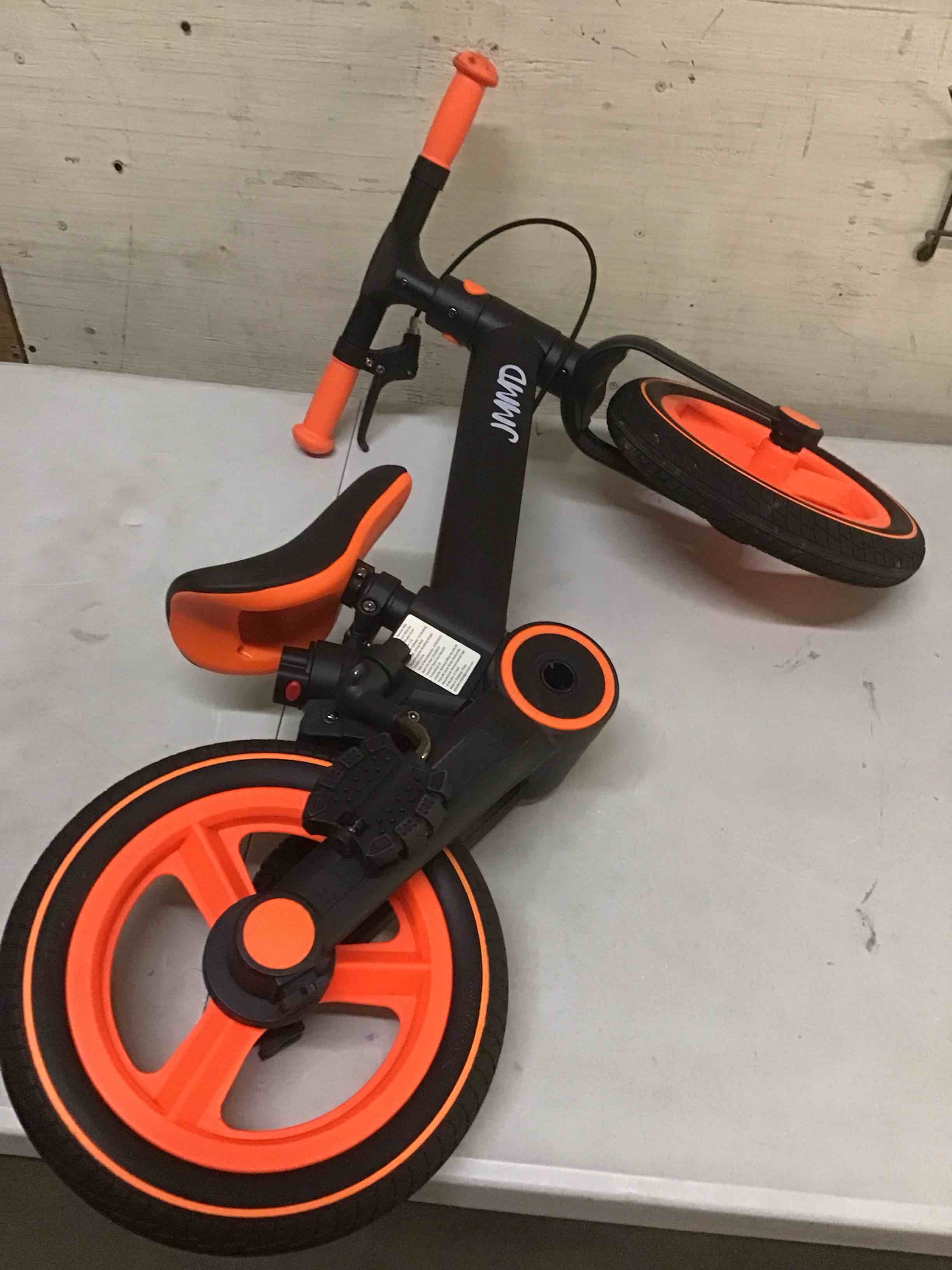 Condition photo showing As Is for ( incomplete) with pedal broken ) jmmd 6 in 1 toddler bike with push handle for kids 18-60 months, 12" foldable balance bike with training wheels, pedals, brakes, kickstand, push tricycle toddler gift & toys for boy & girl orange large