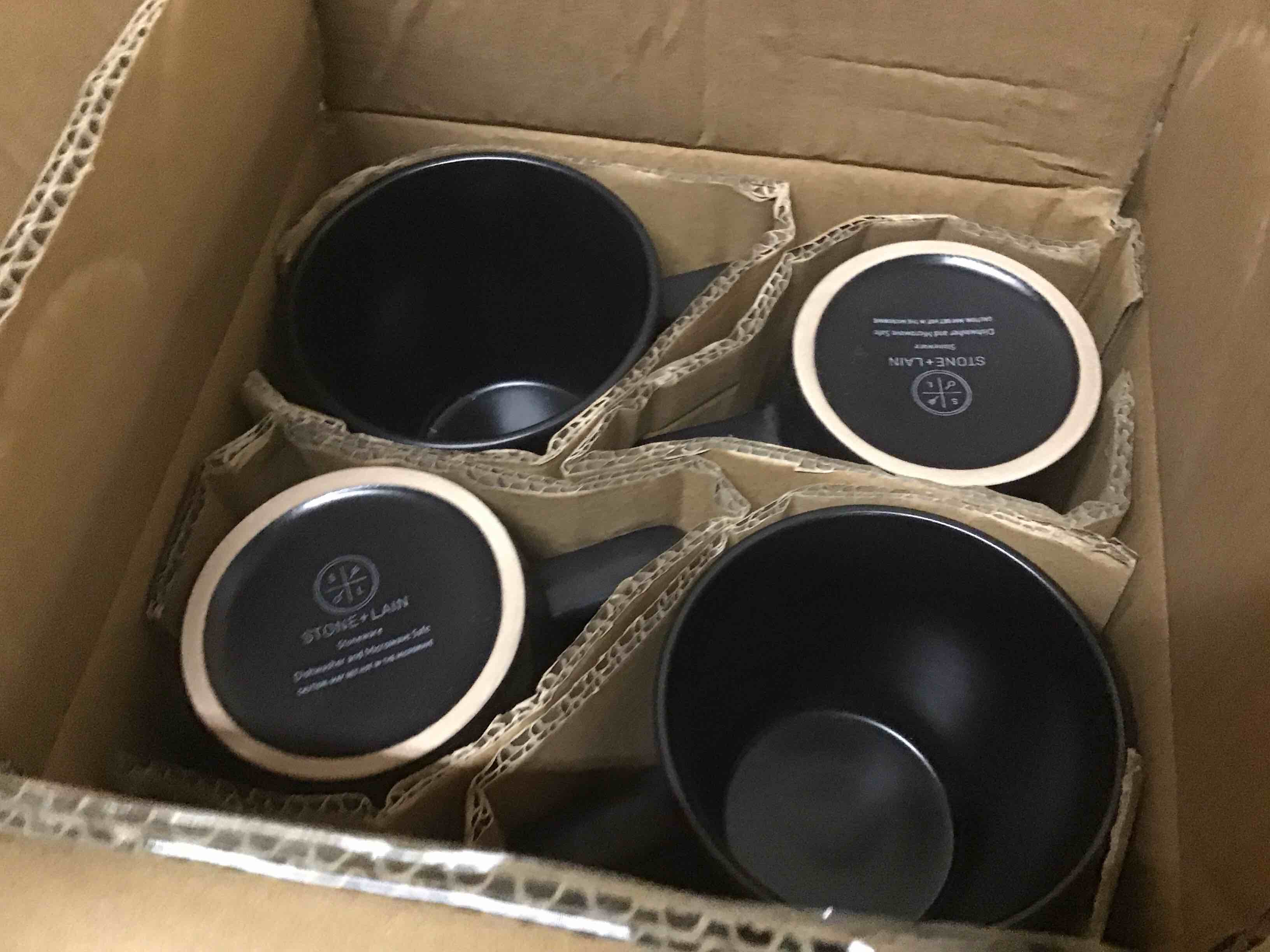 Condition photo showing New/Like New for stone lain celina stoneware 16 piece modern dinnerware set, plates and bowls, black matte, service for 4, microwave & dishwasher safe dinnerware set service for 4 matte black