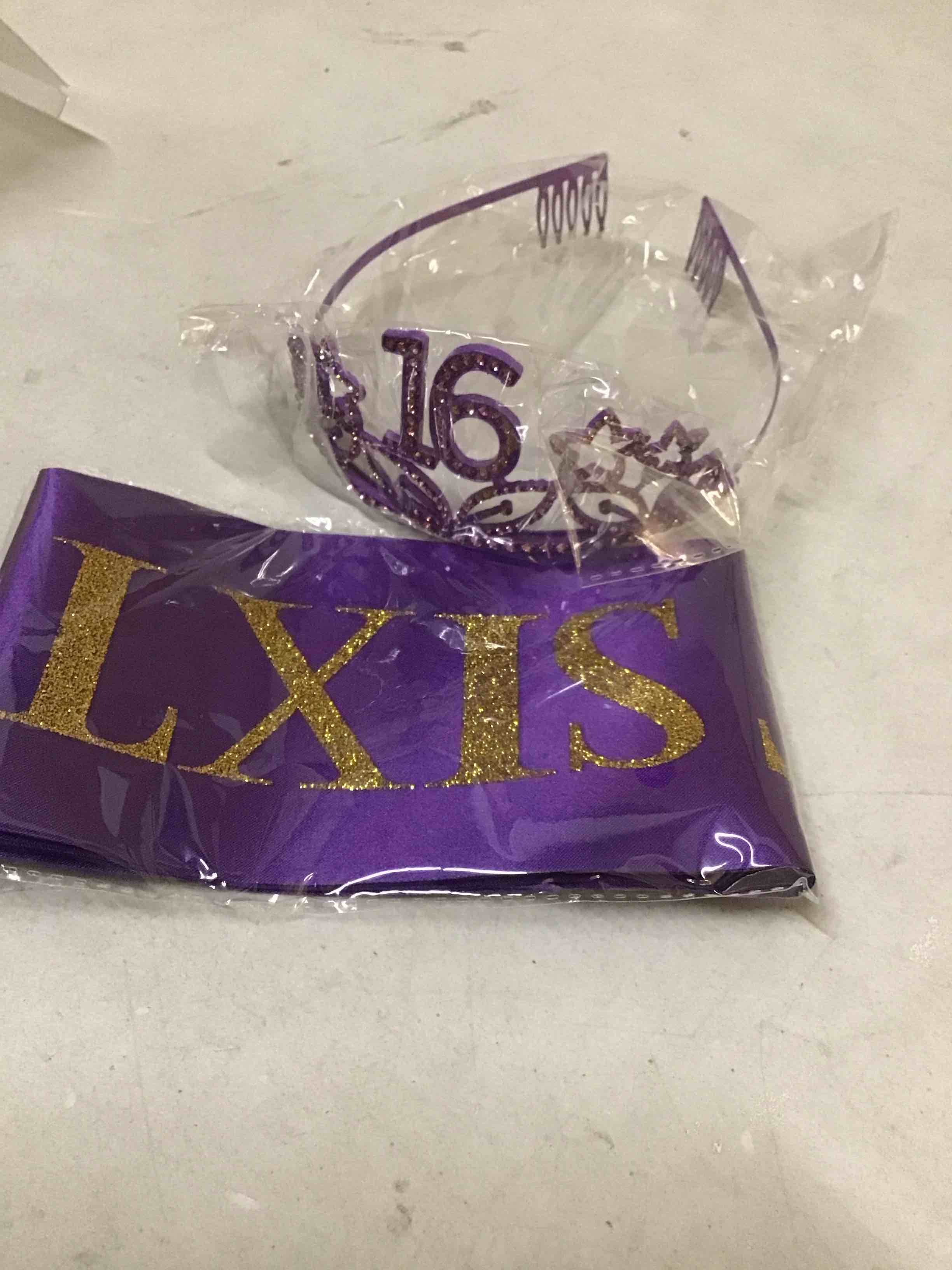 Condition photo showing New/Like New for sweet 16th purple crown and sash kit 