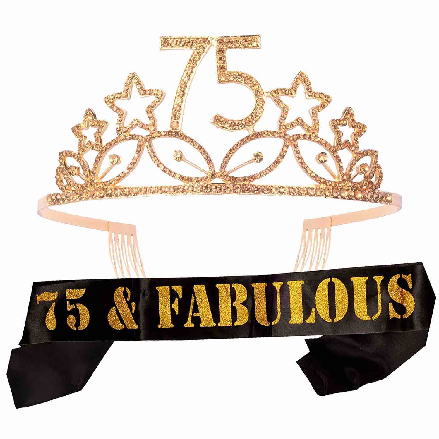 meant2tobe gold 75th birthday sash and tiara set - glitter sash + rhinestone tiara for women, perfect 75th birthday gift for celebrations
