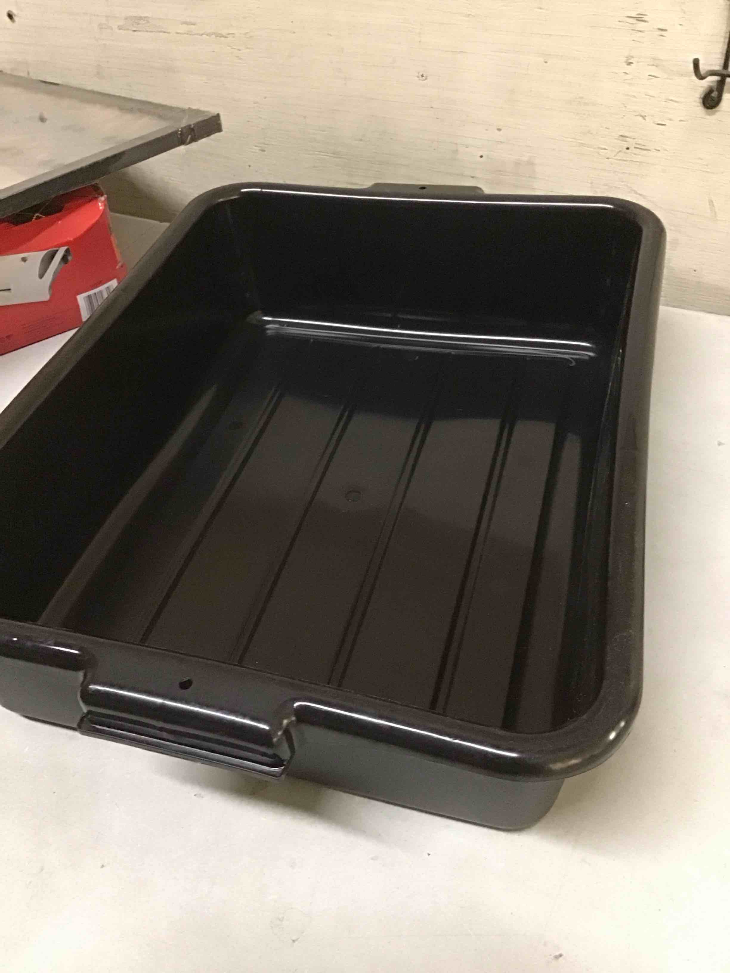 Condition photo showing As Is for carlisle foodservice products bus box, plastic tub for bussing dishes in commercial restaurant and kitchen, 5" x 20" x 15", , black