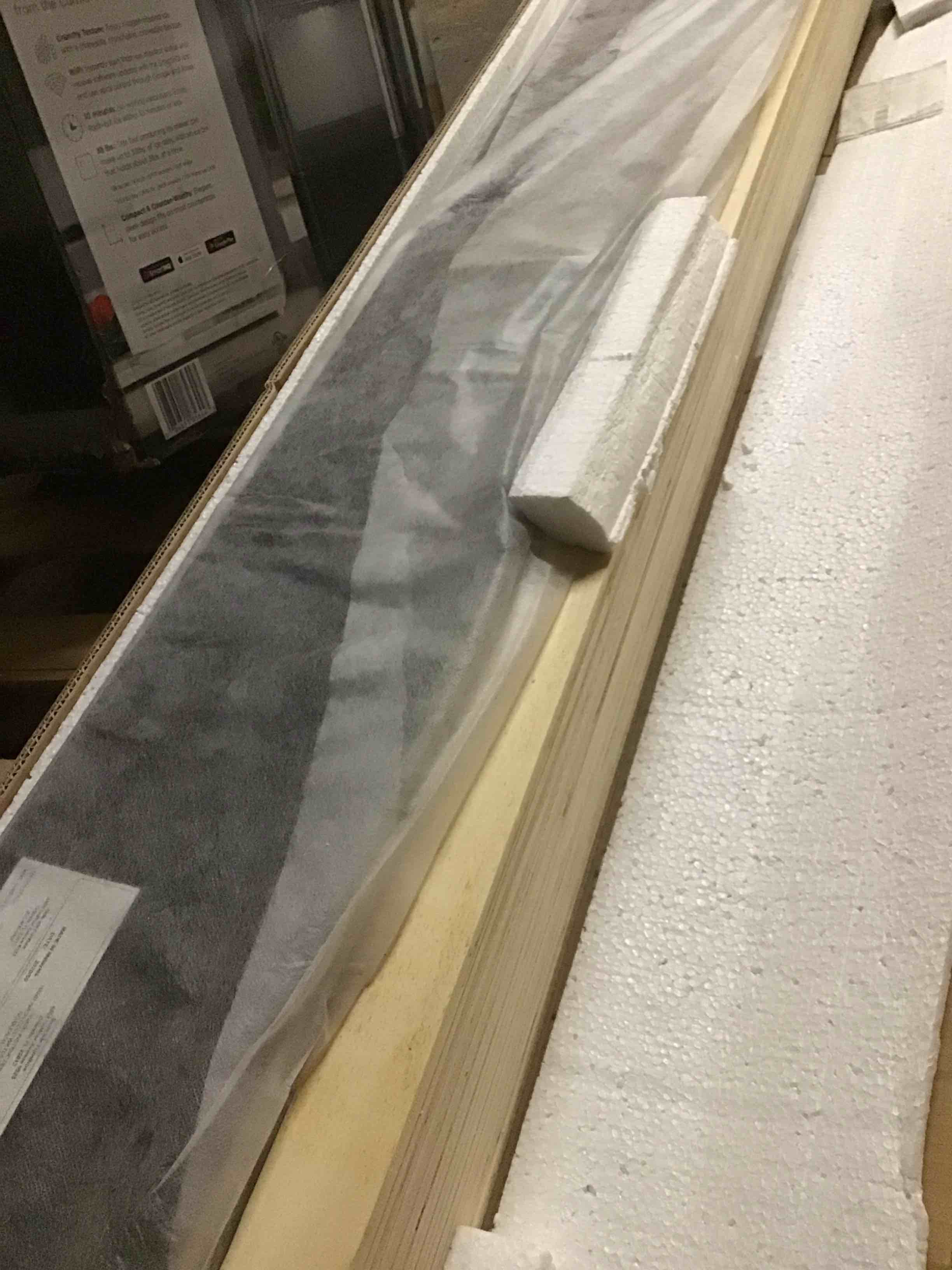 Condition photo showing As Is for brand new complete belle isle furniture highland modern velvet low profile upholstered bed  king beige 