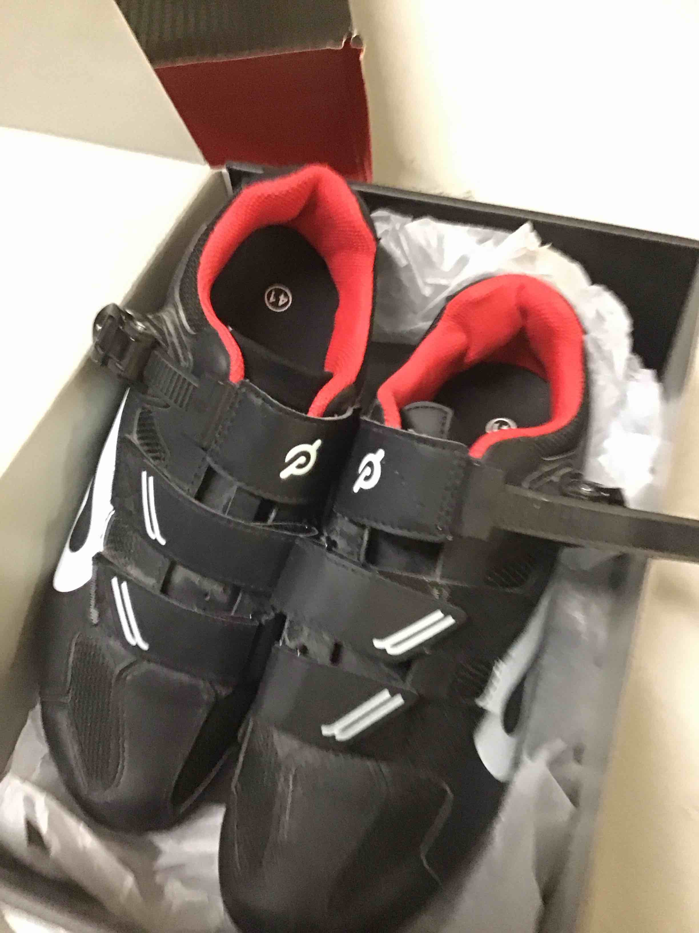 Condition photo showing As Is for peloton cycling shoes for peloton bike and bike+ with delta-compatible bike cleats women/ men  size 41 black, red
