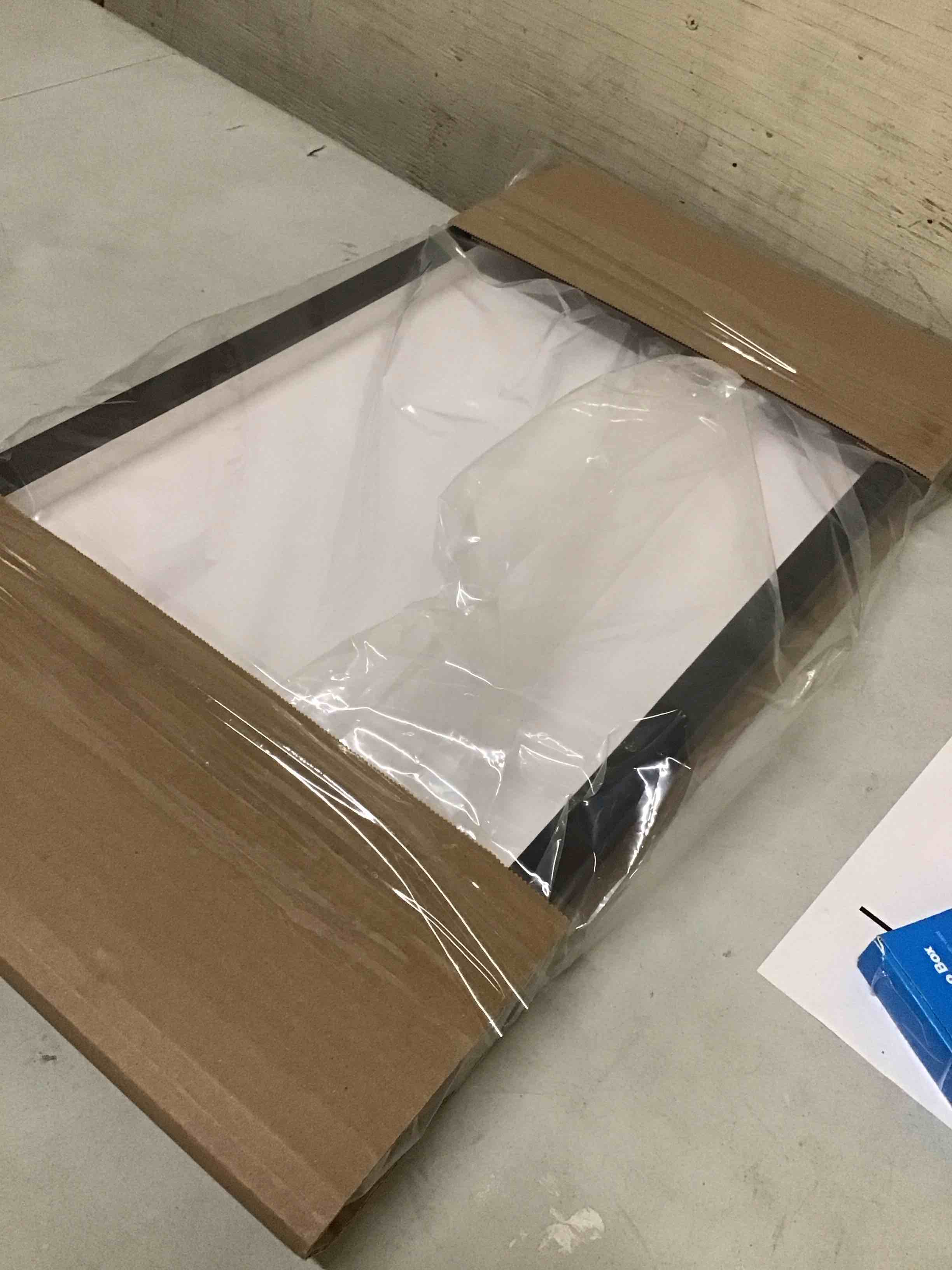 Condition photo showing As Is for 12x24 shadow box & newspaper frame black | 3/4" depth of usable space| interior size 12x24 or 24x12 inches| uv resistant acrylic, acid-free backing, wall hangers | made in usa