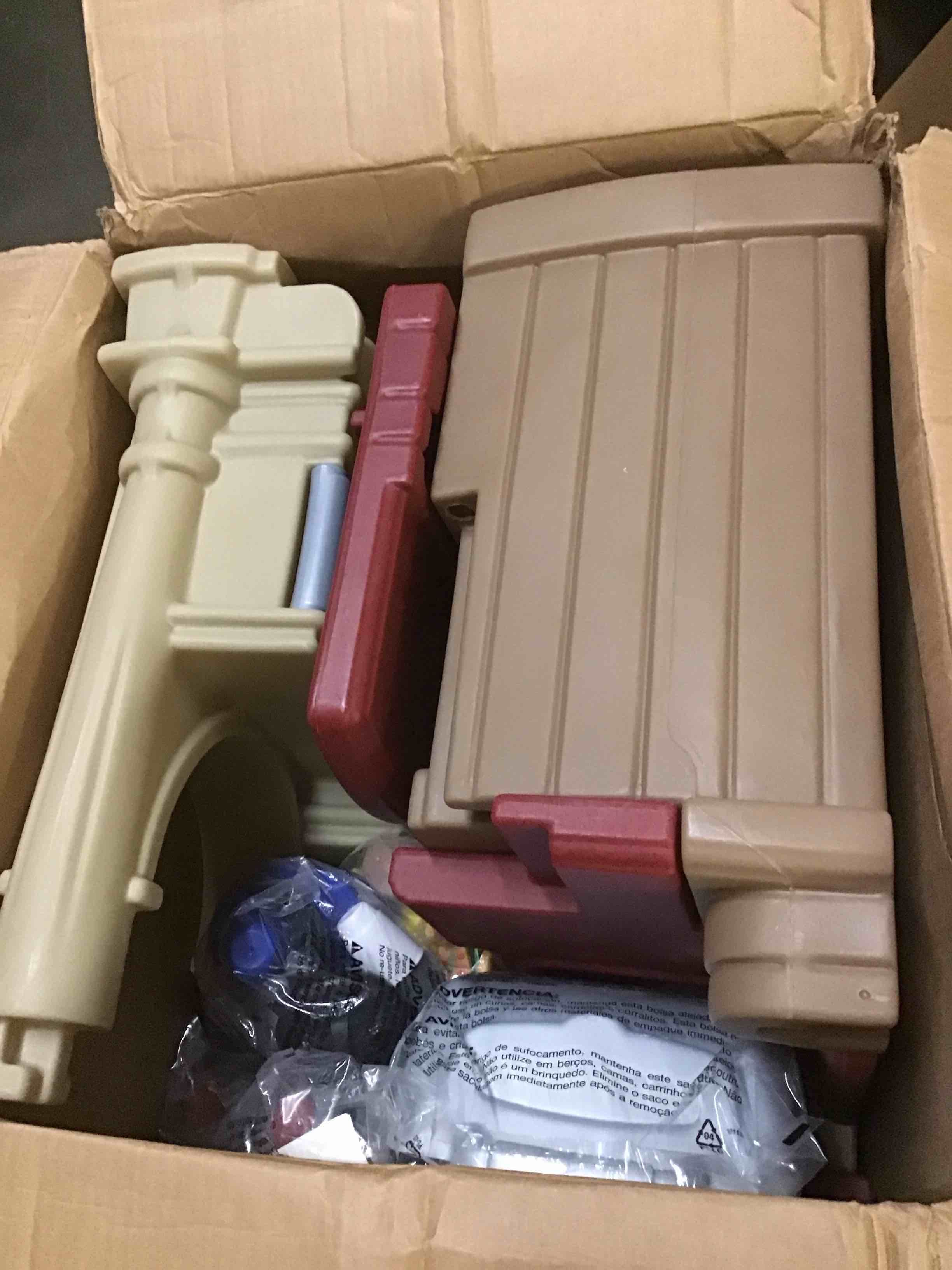Condition photo showing As Is for ( incomplete box 1of 2 only ) step2 grand walk-in kitchen & grill kids playset, indoor/outdoor kitchenette, interactive play with lights and sounds, durable plastic, 103 piece toy accessories, toddlers 2+ years old, brown/tan brown & tan large