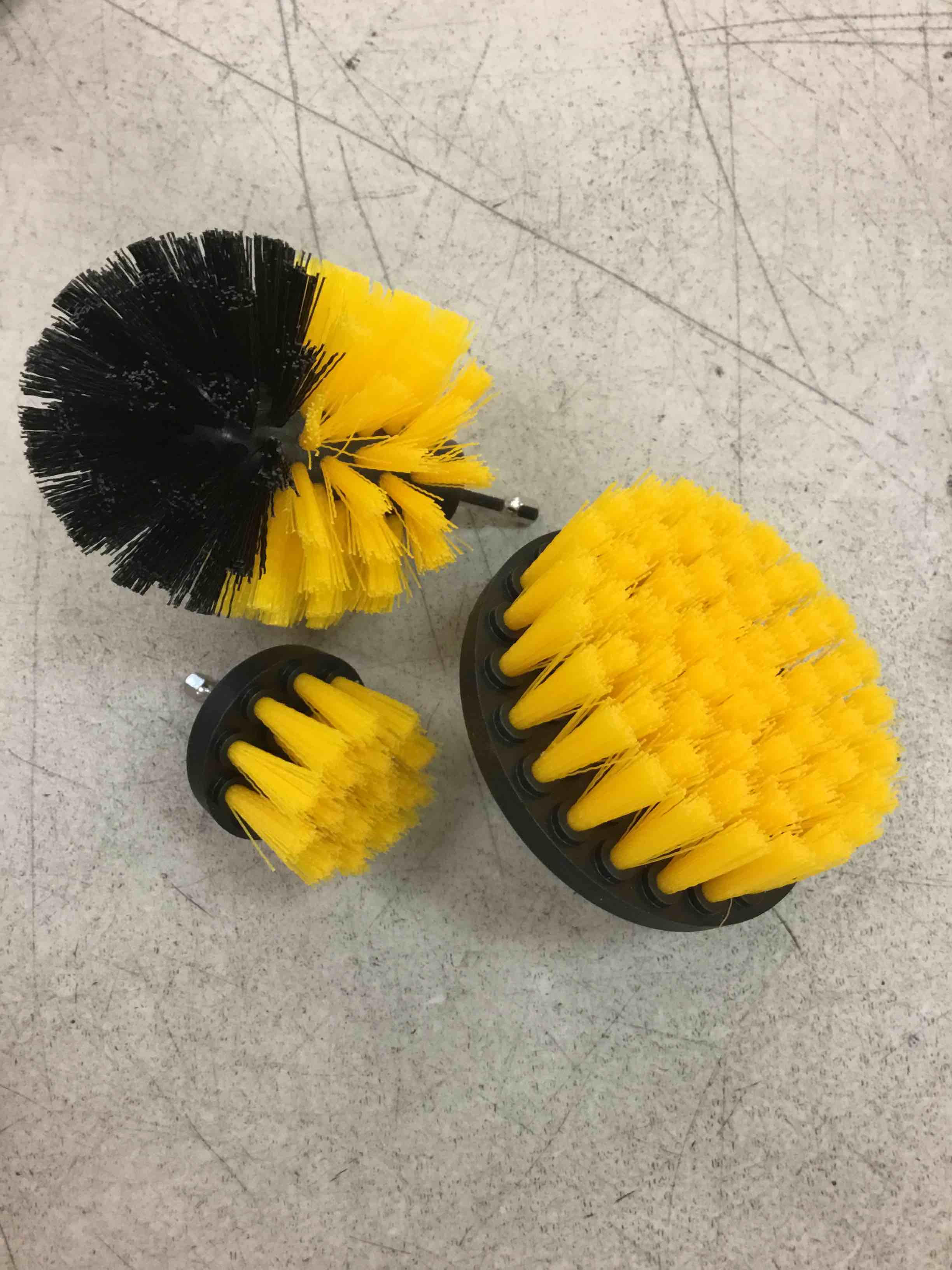 Condition photo showing New/Like New for 3 pcs drill brush attachments for cleaning, nylon 2/3.5/4 in heads | brush attachment for drill, 1/4 in hex shaft; use on car detailing, carpet, wheels, showers, bathtubs, tile, grout & floors