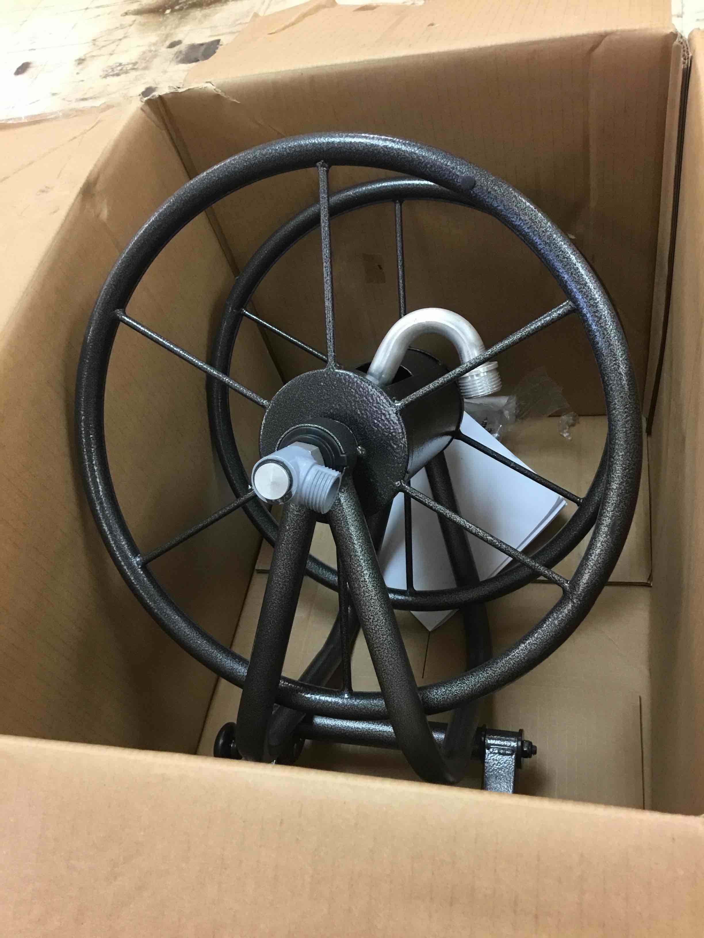 Condition photo showing As Is for project source steel 125-ft wall-mount hose reel