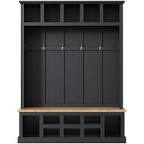 Krishvi Farmhouse Wooden Style 78''H Modern Hall Tree with Wide Storage Seating Bench, Entryway Shoe Cabinet with 13 Compartments, Elegant Coat Rack with 6 Hooks for Mudroom, Living room Color: Black