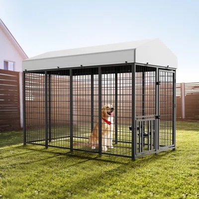 Outdoor Metal Dog Kennel With UV-Resistant Roof Foldable Panels And Secure Frame 7.5X5cm Mesh Black B Box