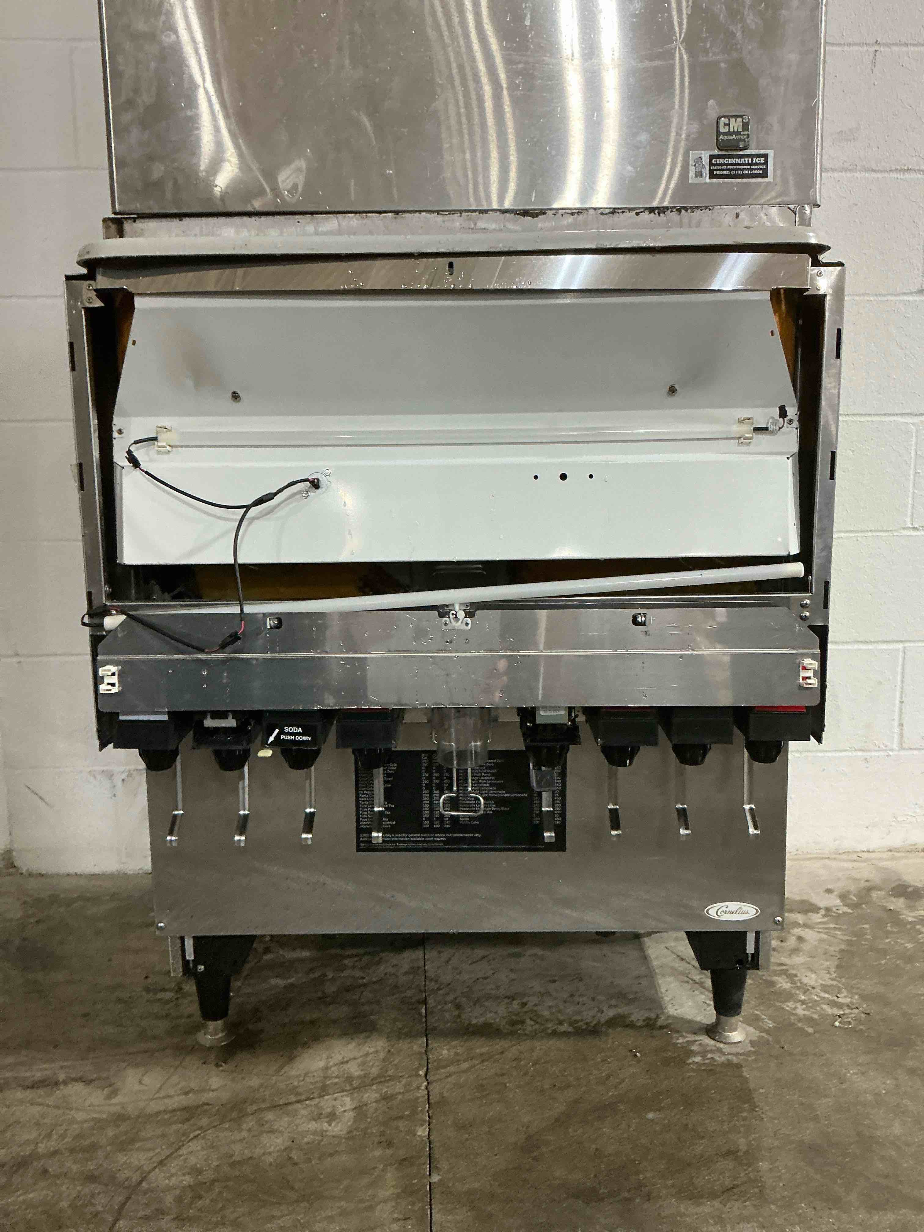 Condition photo showing As Is for Scottsman CME5-6AS-1H CM3 WITH AQUAARMORAir Cooled Ice Machine With Cornelius ED200-BCH 8-Head Beverage Dispensers With Carbonator Pump, Water Filters and Syrup Rack