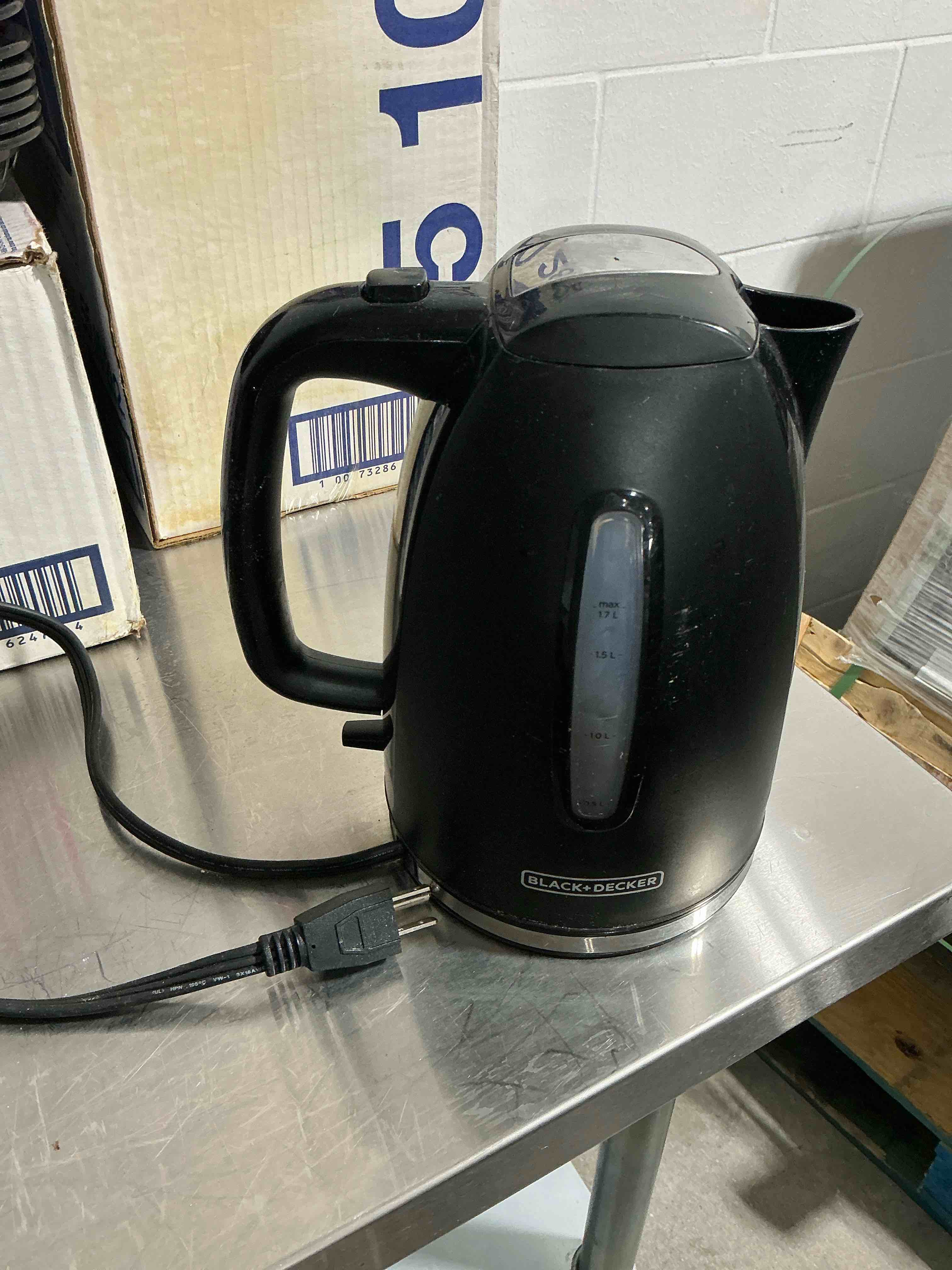 Condition photo showing As Is for BLACK+DECKER 1.7L Cordless Electric Kettle, KE1555GY, Water Window, Rapid Boil, Auto Shutoff, Grey