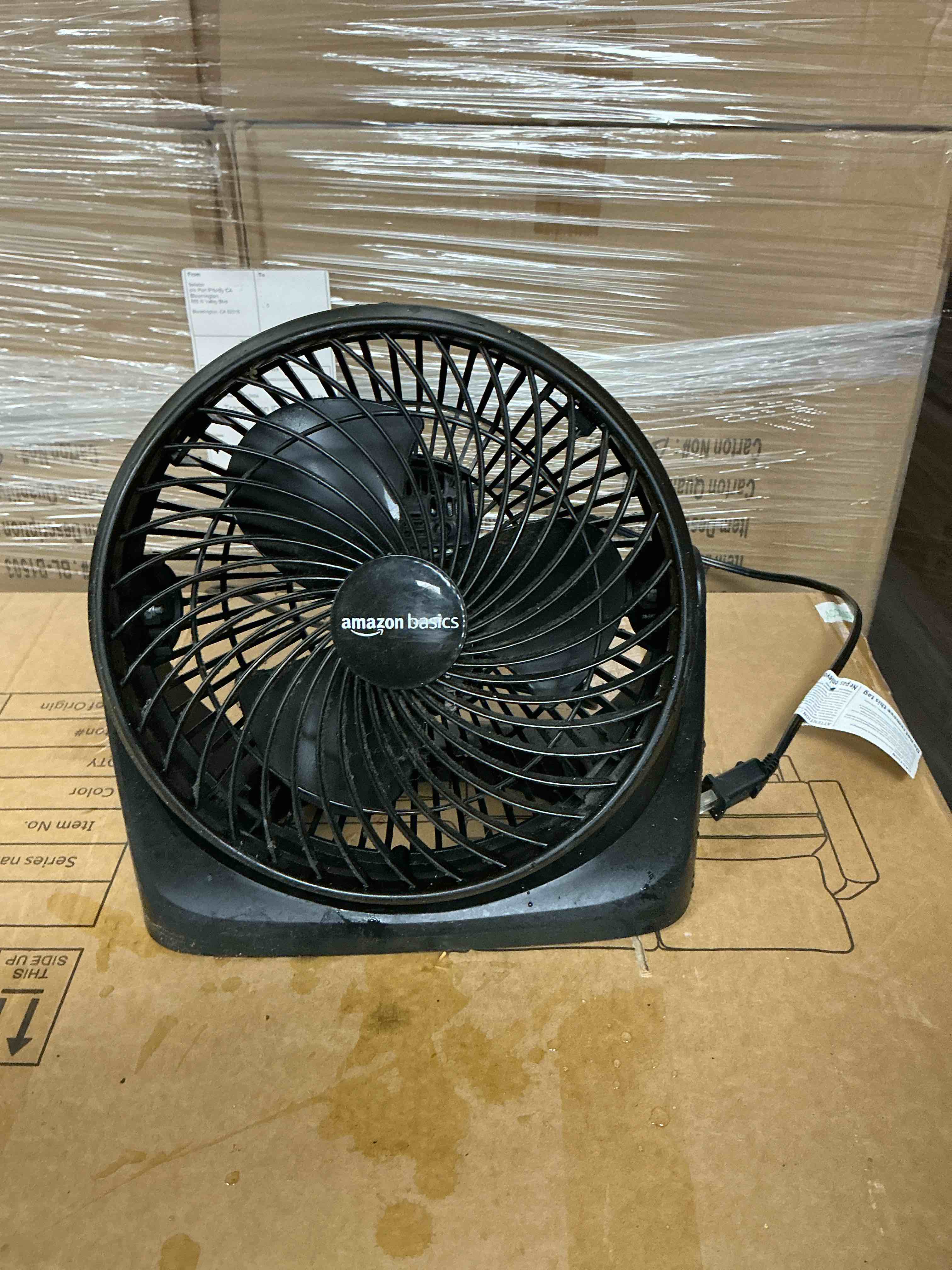 Condition photo showing As Is for Amazon Basics 11-Inch Air Circulator Fan, Desk Fan for Bedroom, Home and Office, With 90-Degree Tilt Head, 3 Speed Settings, Lightweight (3 LBS), 35 Watts, Black, 11.1"Wx6.3"Dx10.9"H
