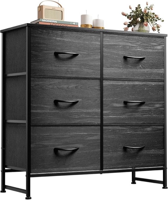 WLIVE   Drawer Dresser for Bedroom, Fabric Double Dresser, Storage Tower with Fabric Bins, Chest of Drawers for Closet, Living Room, Hallway, Rustic Brown Wood Grain Print