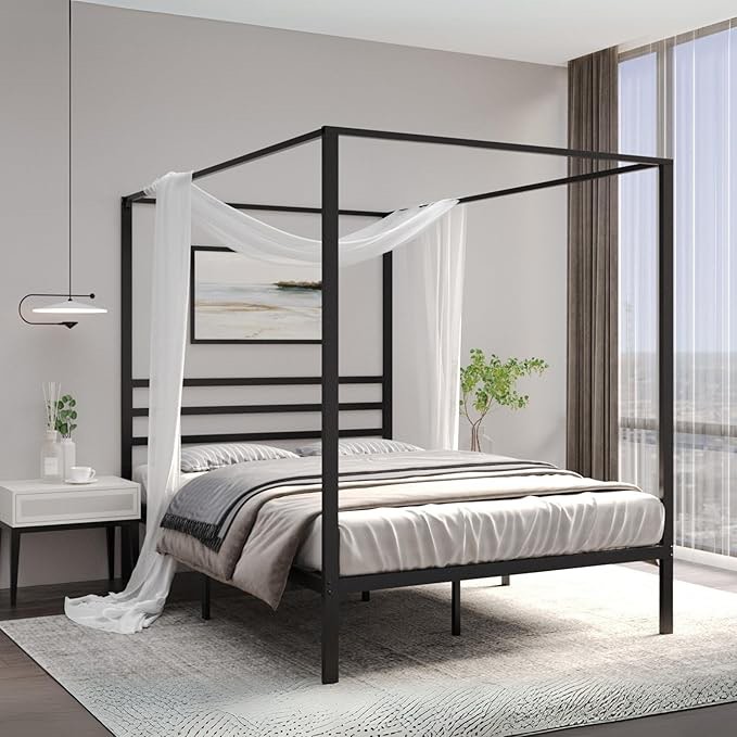 Golden Gate Beds Canopy Bed Frame with Four Poster Design, Strong Metal Slats and Built-in Headboard, Fits Drapes or Curtains, No Box Spring Needed, Girls or Teen Princess
