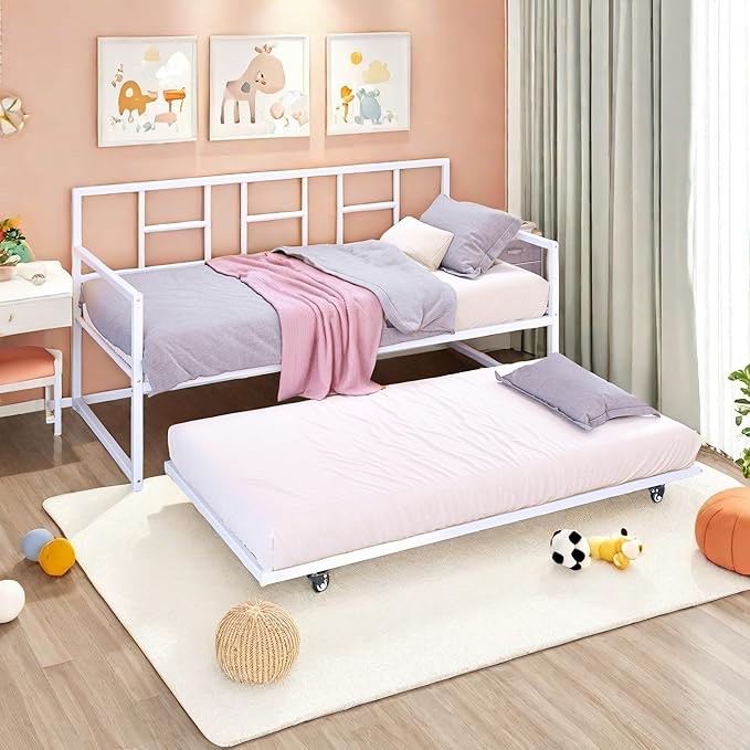 YITAHOME Daybed with Trundle, Adjustable Height Twin Daybed with Pull Out Trundle, Sofa Bed Couch with Steel Slat Support for Living Room and Guest Room, White