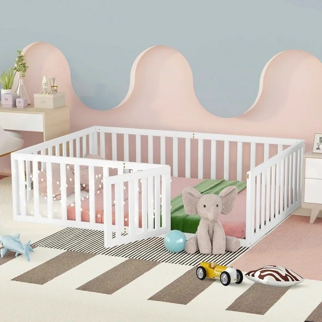 Full Floor Bed for Kids Solid Wood Montessori Bed Frame with Door & Safety Guardrails Multifunctional Montessori Floor Bed for Toddlers, No Weight Limit, Easy Assemble, White