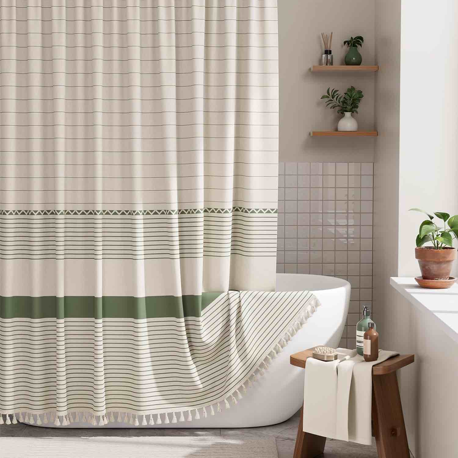 Shower curtain tan and green 