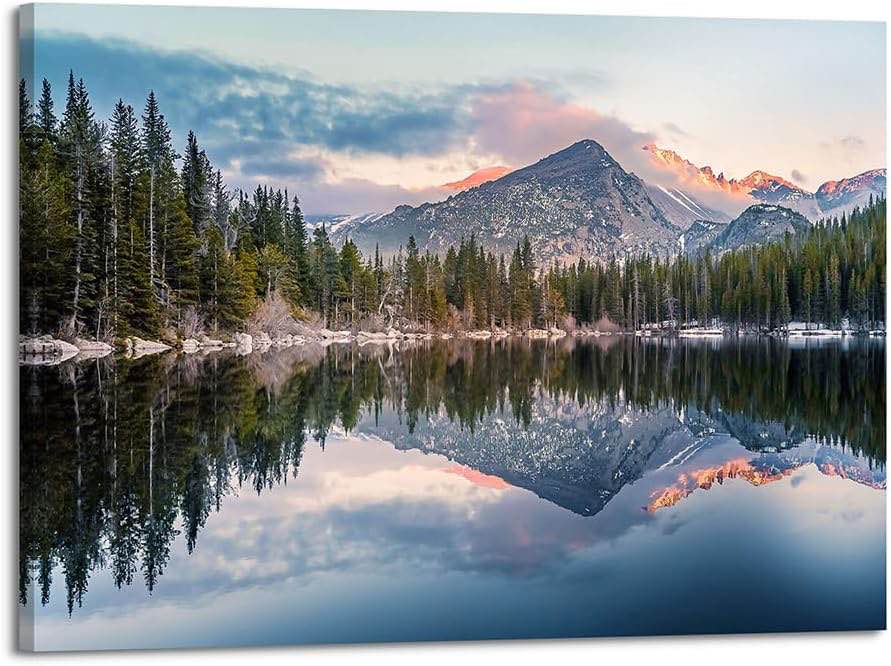 mountain lake canvas 24”x16”Mountain Lake Canvas Wall Art: Woodland Picture Landscape Painting Nature Forest Scenery Reflection Artwork Rustic Pine Tree Scenic Print Wilderness