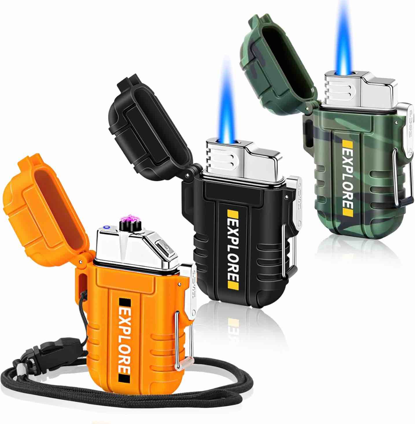3Pack Waterproof Lighter Windproof Torch Lighters Butane Refillable, Electric Dual Arc Lighters USB Rechargeable Flameless Plasma Lighter Camping