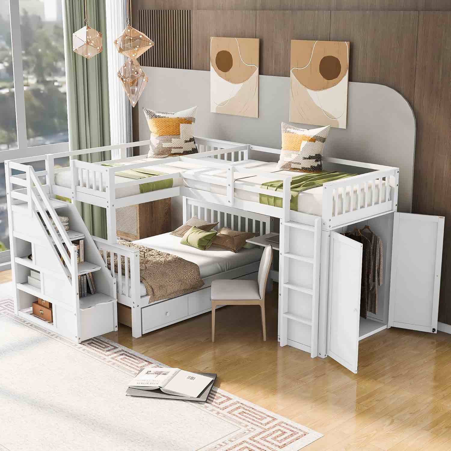 Triple bunk bed with desk and wardrobe white WF311467AAk