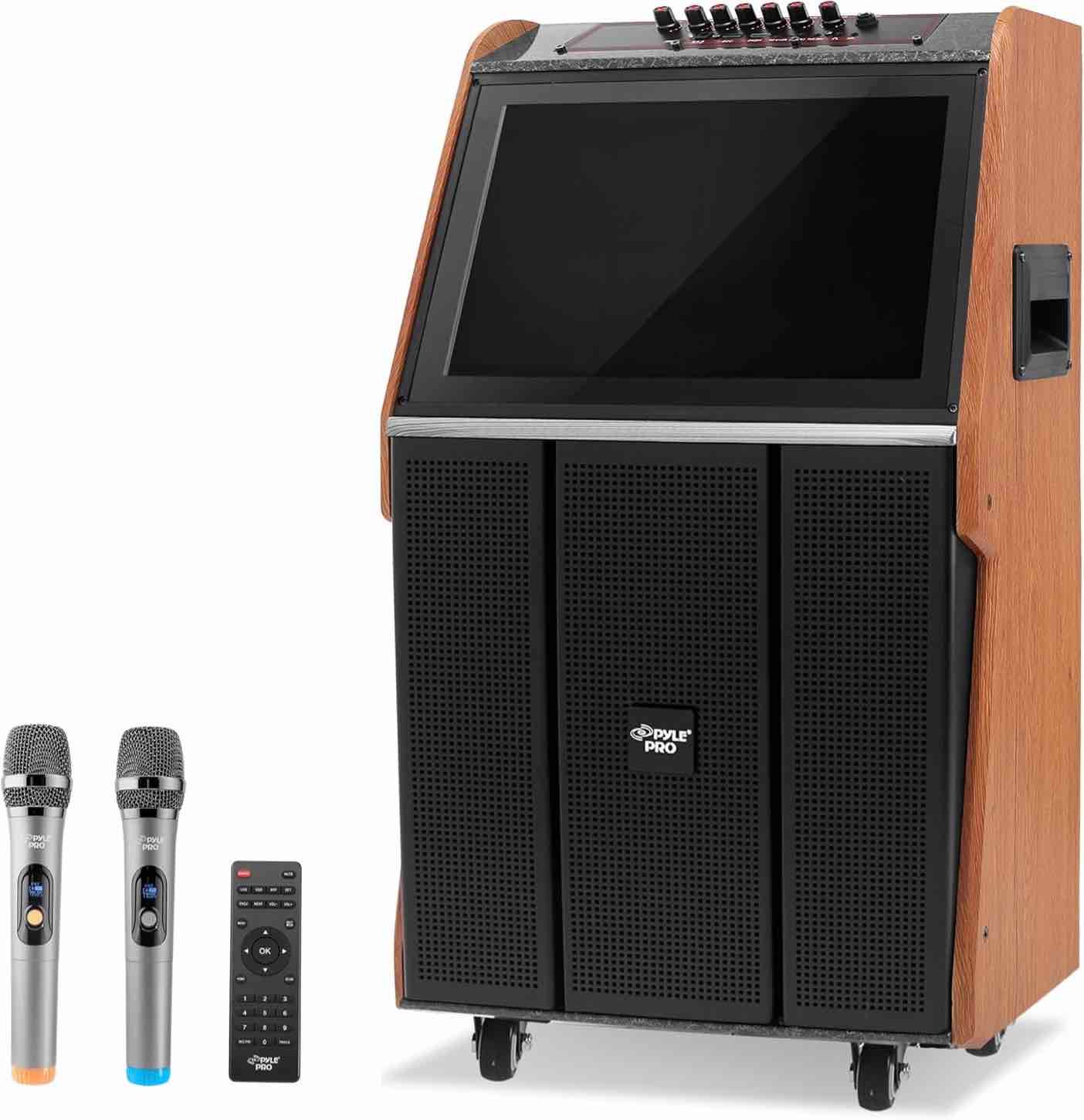 Pyle Portable Wireless BT Streaming Loudspeaker with Touch screen and Wireless Microphone  with Wheels and Handle Bar  Supports USB/ SD/ MMC/ PC/ TV / MP3 / Mobile Phone  etc.