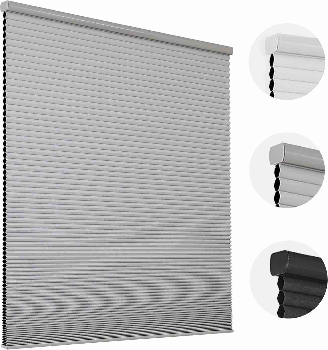 Joydeco Cellular Shades Cordless, Blackout Shades Cellular Blinds for Indoor Windows, Blackout Blinds Honeycomb Blinds Window Shades for Thermal Insulated Noise Reduction (Grey, 24" W x 48" H)